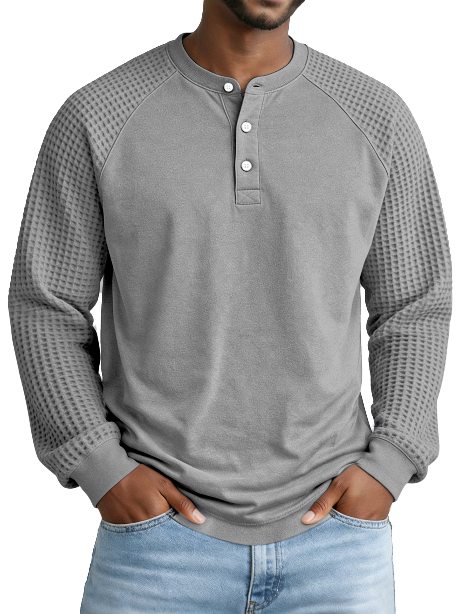 Men's Casual Simple Waffle Knit Panel Henley Collar Raglan Long-sleeve Polo Shirt