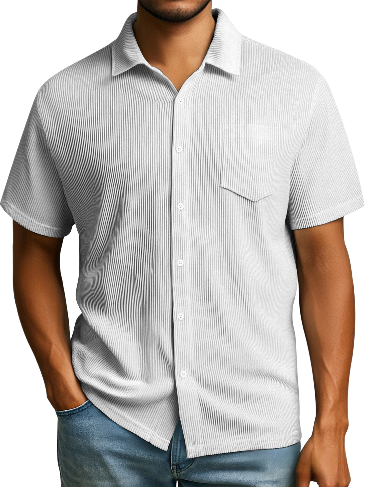 Men's Daily Casual Solid Color Loose Rib Stitch Short-sleeved Lapel Shirt