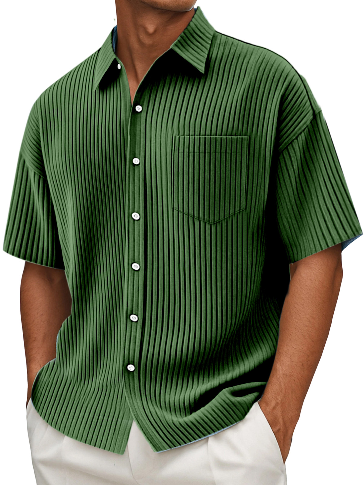 Men's Daily Solid Color Vertical Pit Design Short-sleeved Shirt