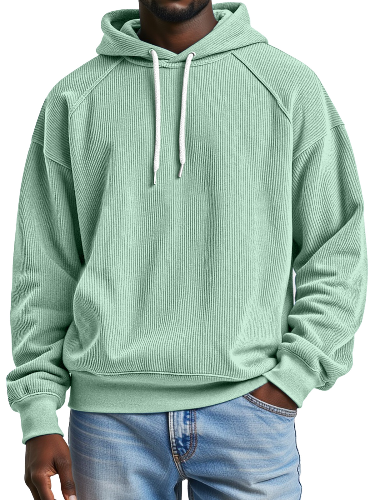 Men's Simple And Comfortable Vertical Pit Strip Raglan Design Loose Hooded Sweatshirt