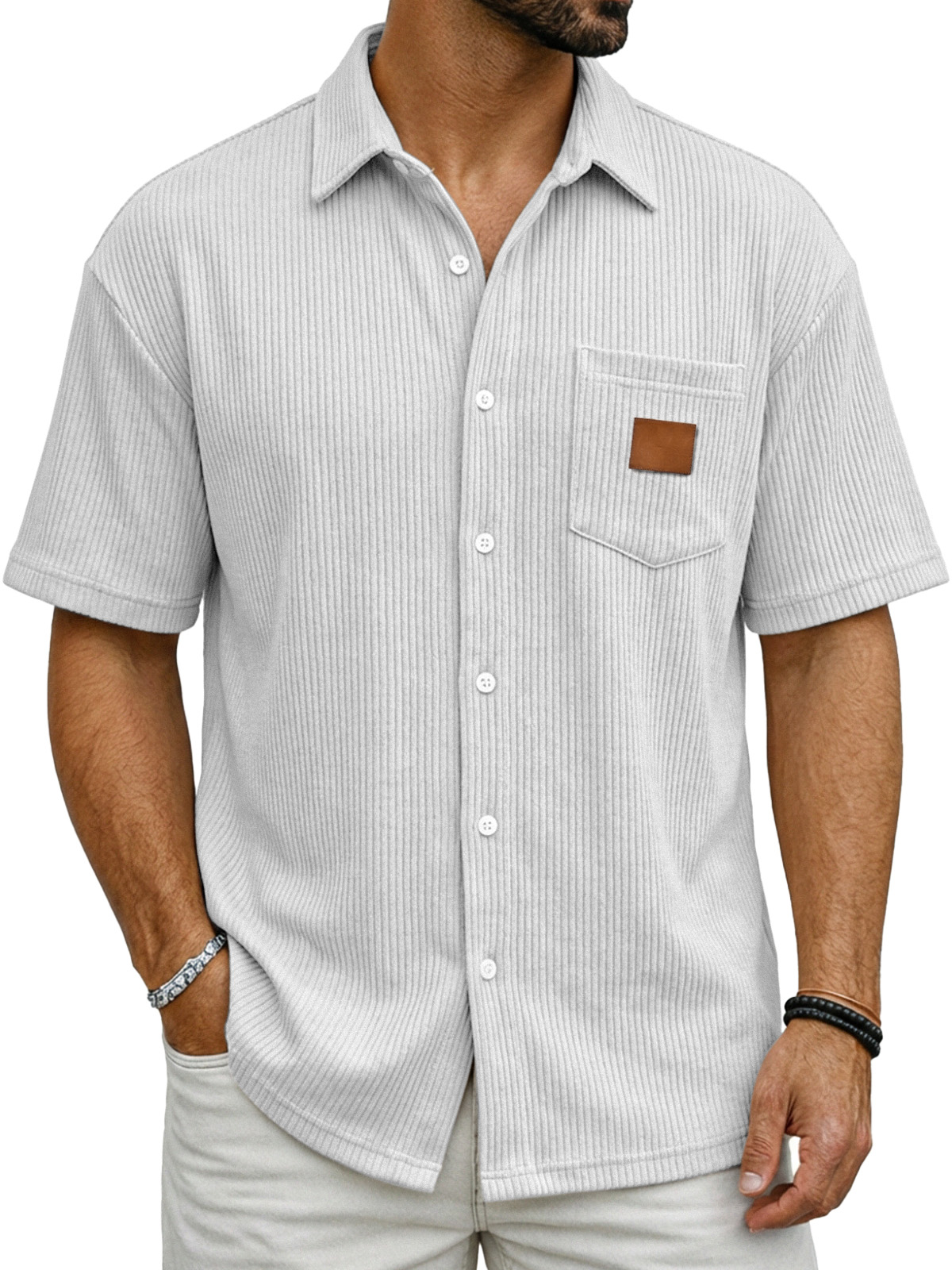 Men's Casual Simple Vertical Ribbed Fabric Shirt With Logo