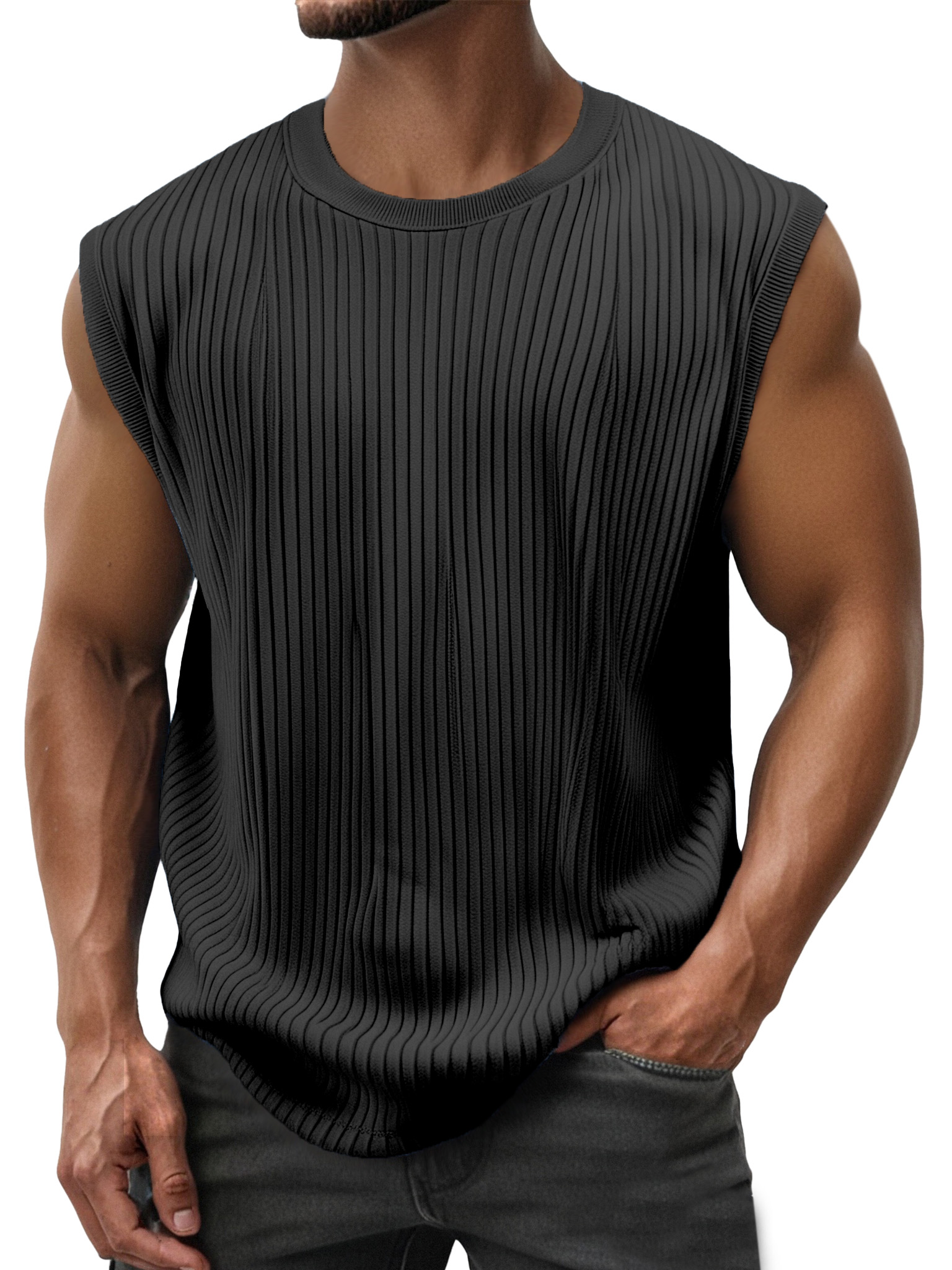 Men's Simple Everyday Solid Color Vertical Strip Sleeveless Round Neck T-shirt