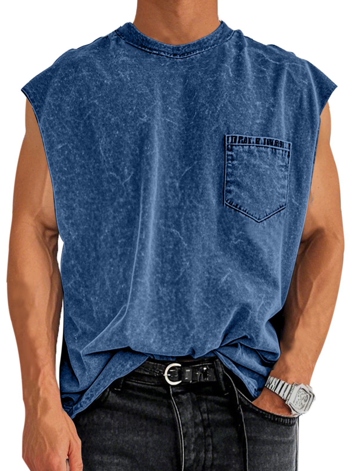 Men's Retro Cotton Washed Pocket Round Neck Sleeveless T-shirt