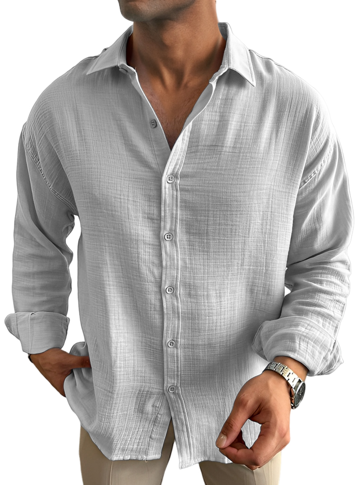 Men's Casual Solid Color Breathable And Comfortable Lapel Long-sleeved Shirt