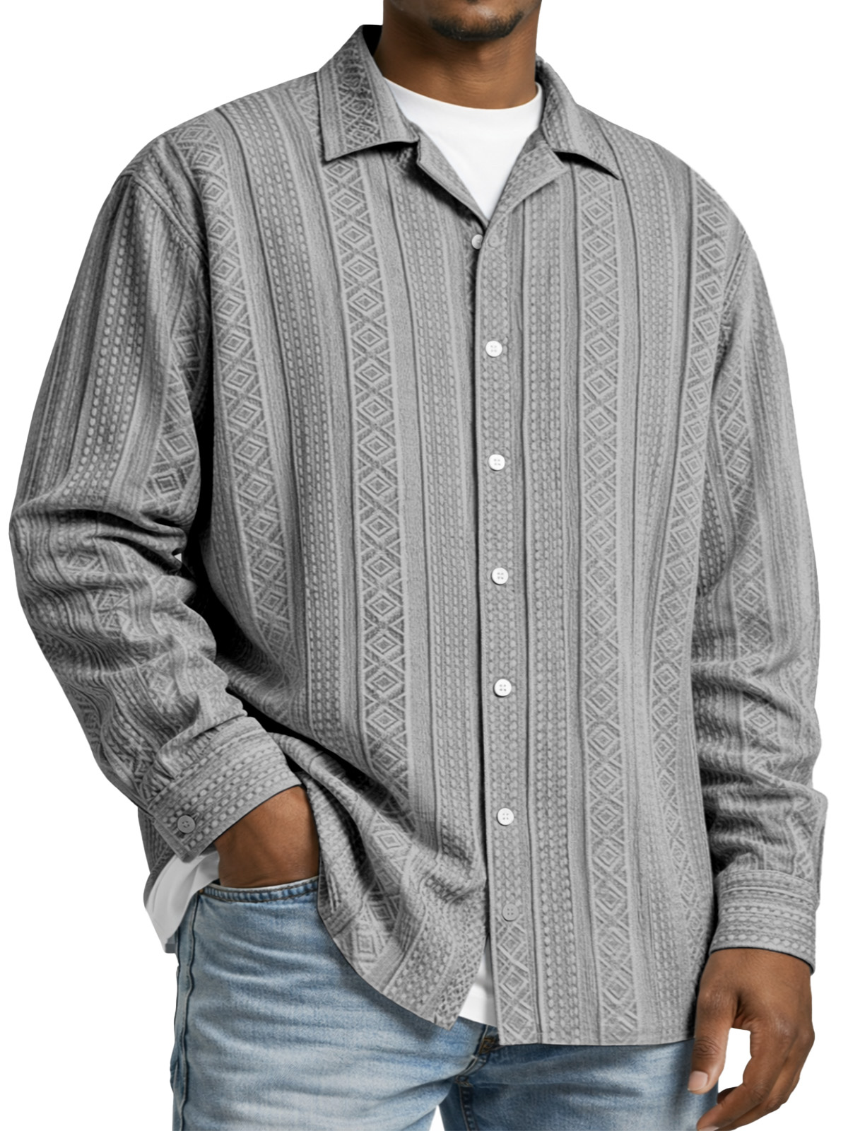 Men's Simple Solid Color Textured Long-sleeved Collared Shirt