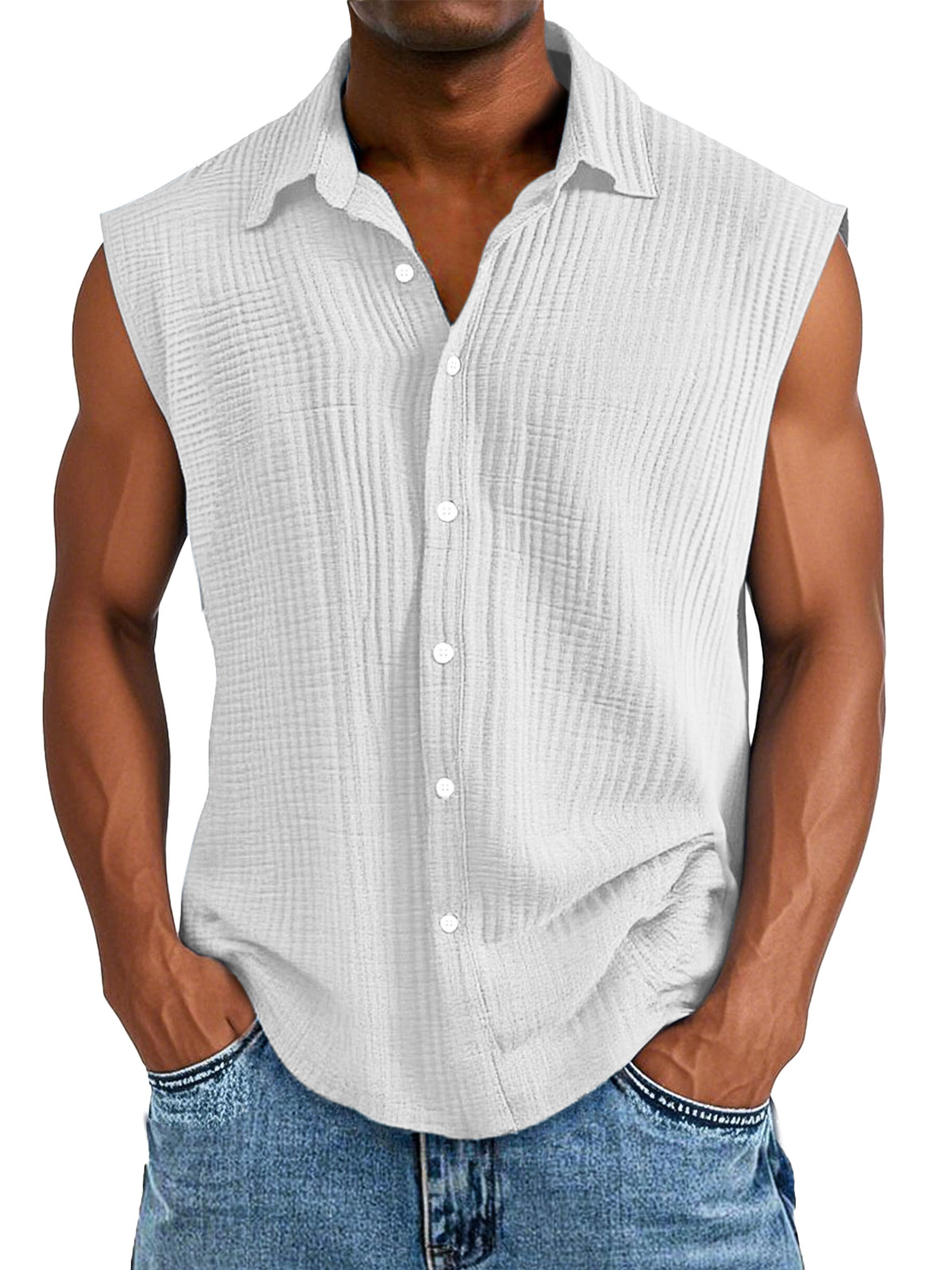 Men's Casual Solid Color Pleated Texture Sleeveless Lapel Shirt