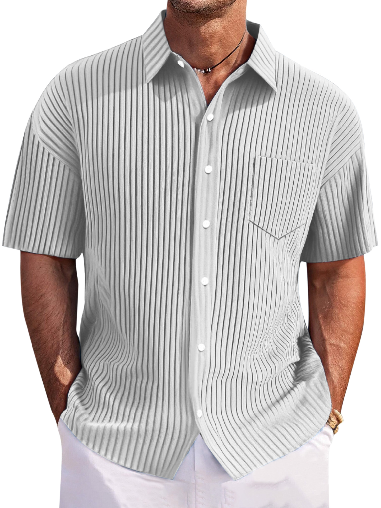 Men's Casual Loose Pitted Textured Lapel Button-down Short-sleeved Shirt