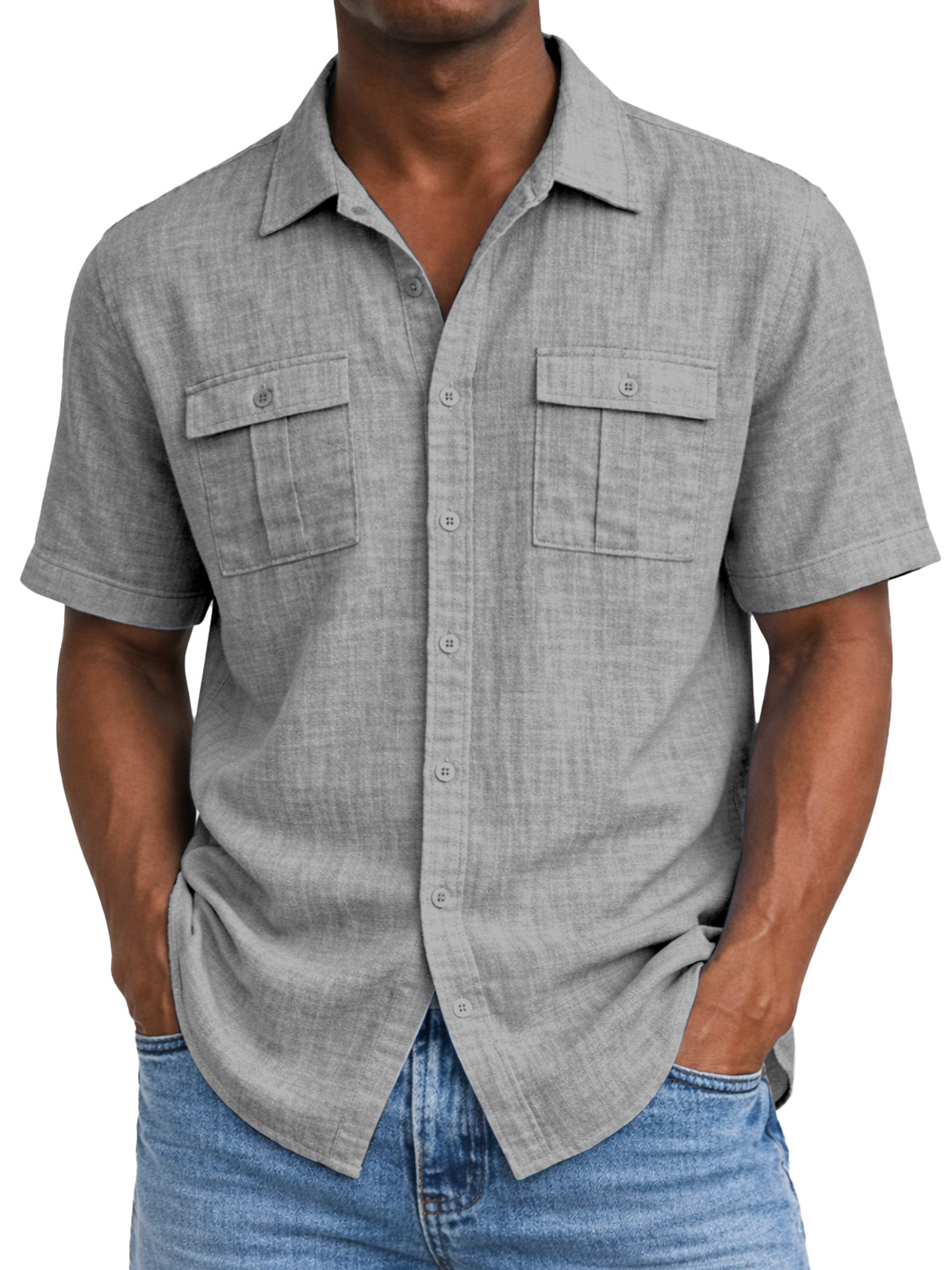Men's solid color breathable linen short-sleeved shirt