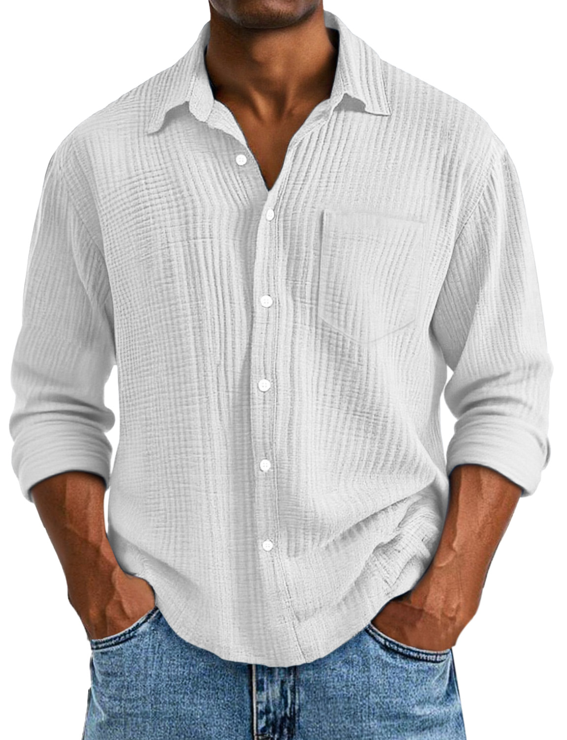 Men's Casual Solid Color Breathable Cotton Pleated Comfortable Lapel Long-sleeved Shirt