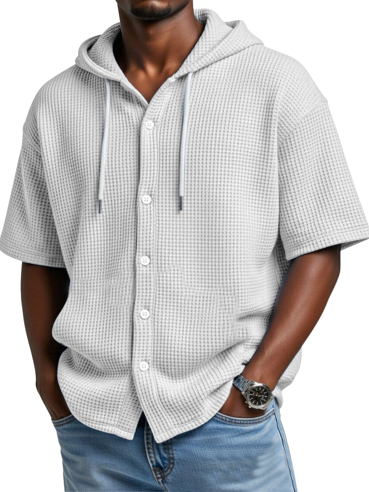 Everyday Casual Waffle Hooded Short Sleeve Button-Down Shirt