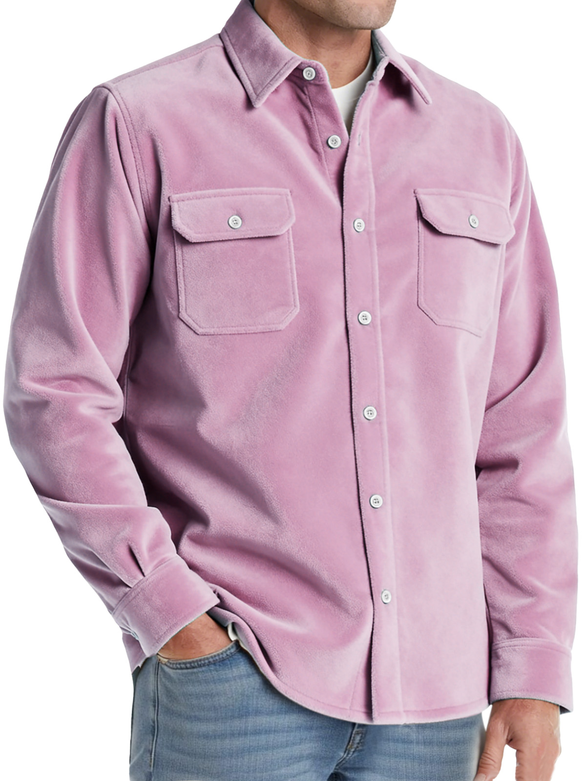 Men's Comfortable Solid-color Suede Double-pocket Long-sleeved Shirt