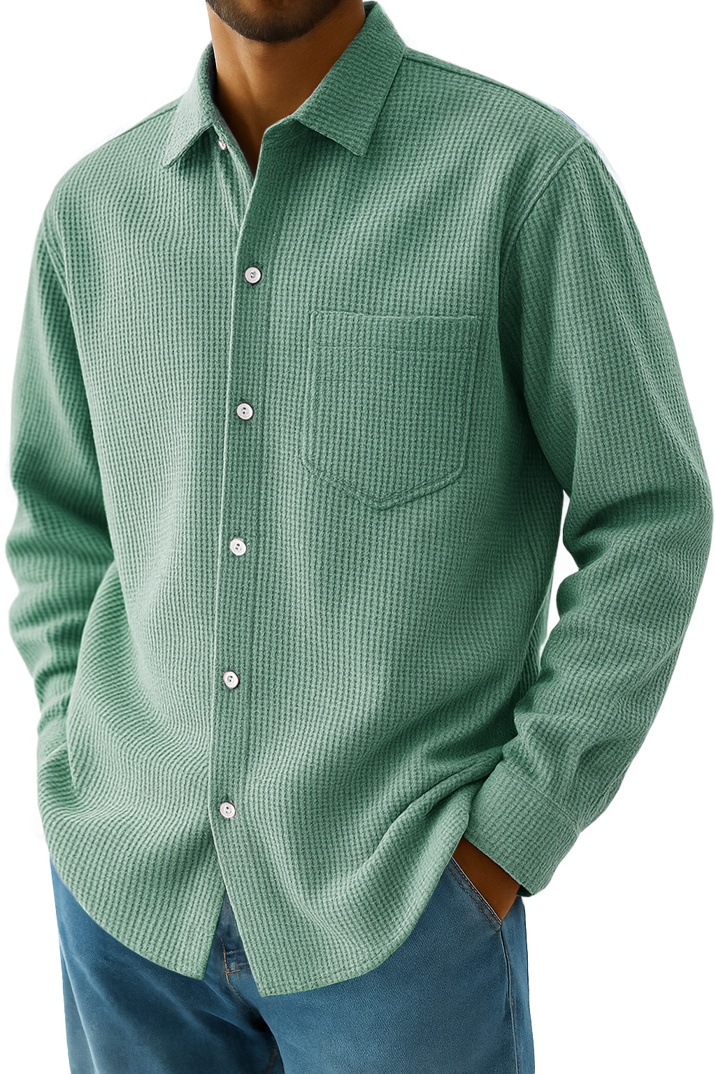 Men's Everyday Waffle Casual Pocket Long Sleeve Shirt