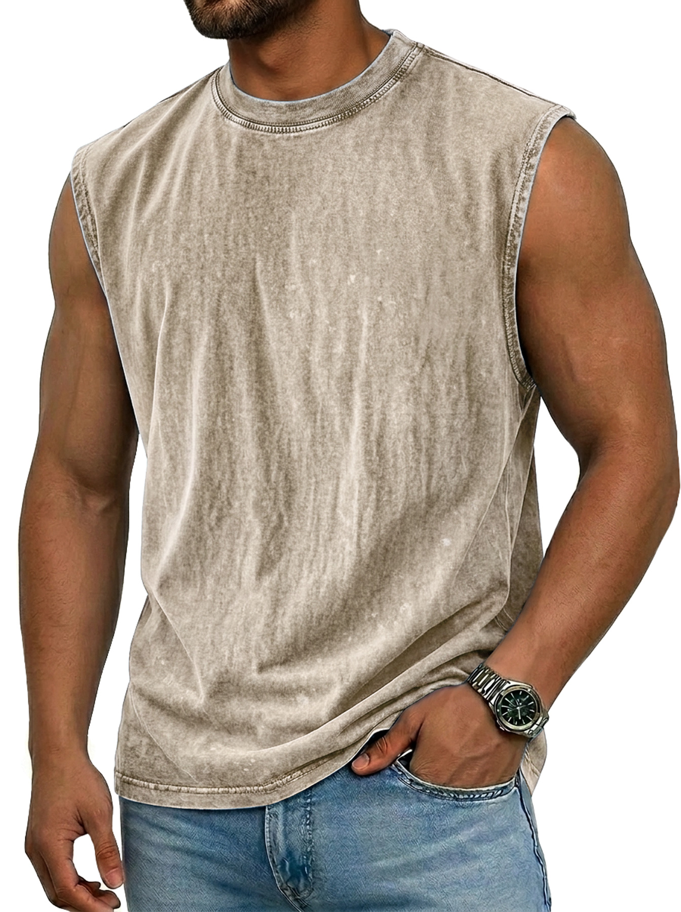 Men's 100% Washed Distressed Crew Neck Casual Sleeveless Vest