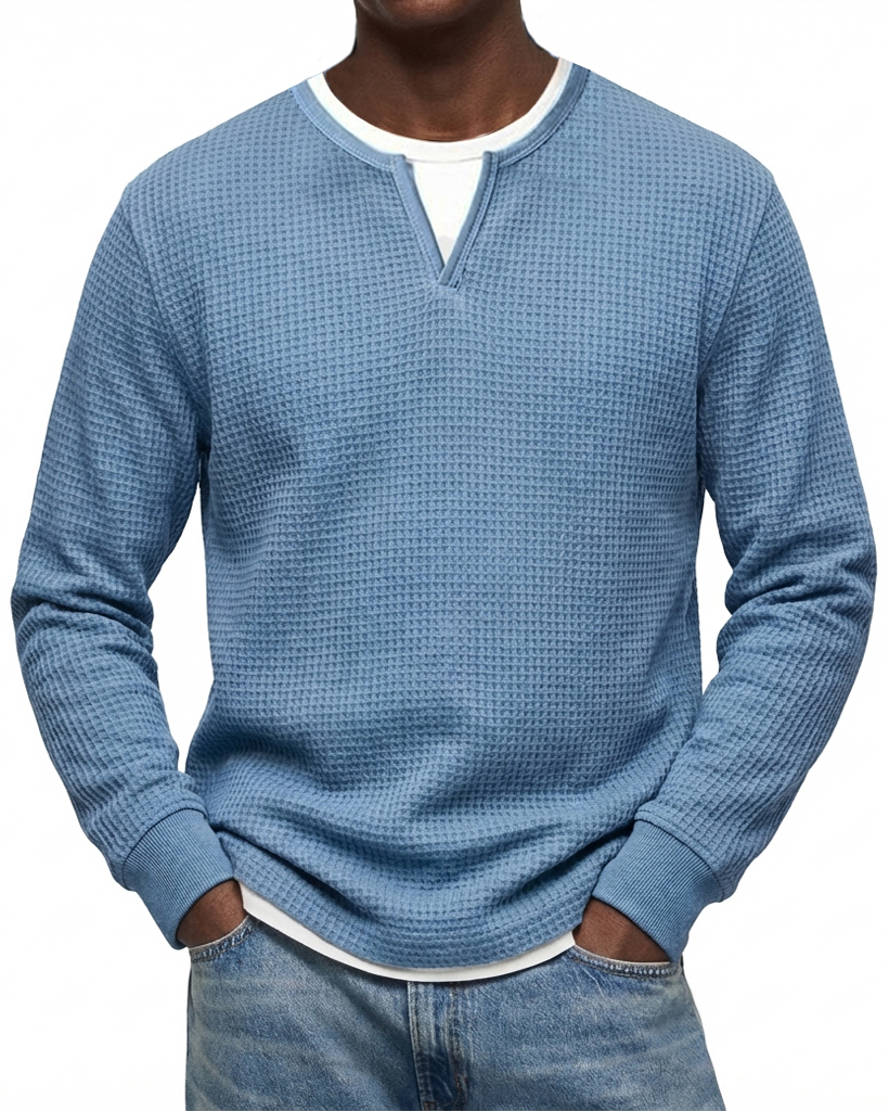 Men's Casual Urban  V-neck Faux Two-Piece Waffle Knit Crew Neck Long-Sleeve T-Shirt