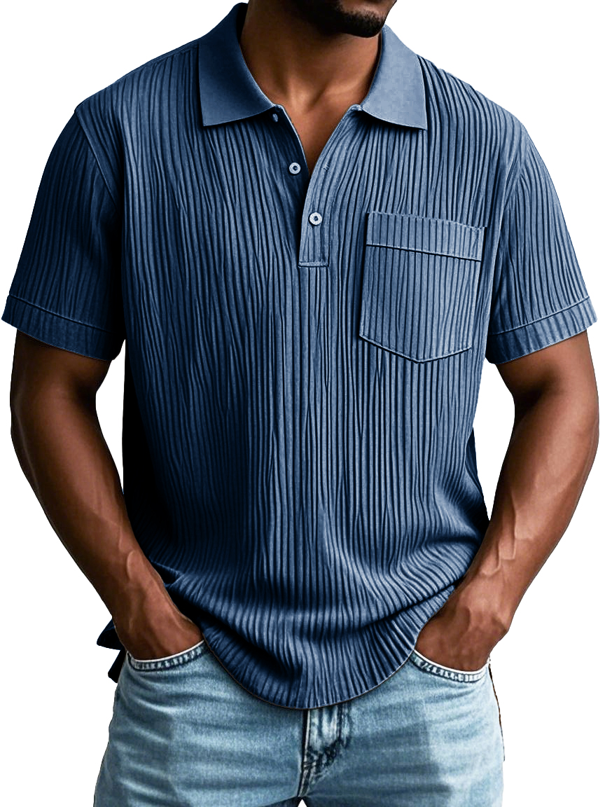 Men's Fashion Casual Striped Fabric Pocket Short Sleeve Lapel Polo Shirt