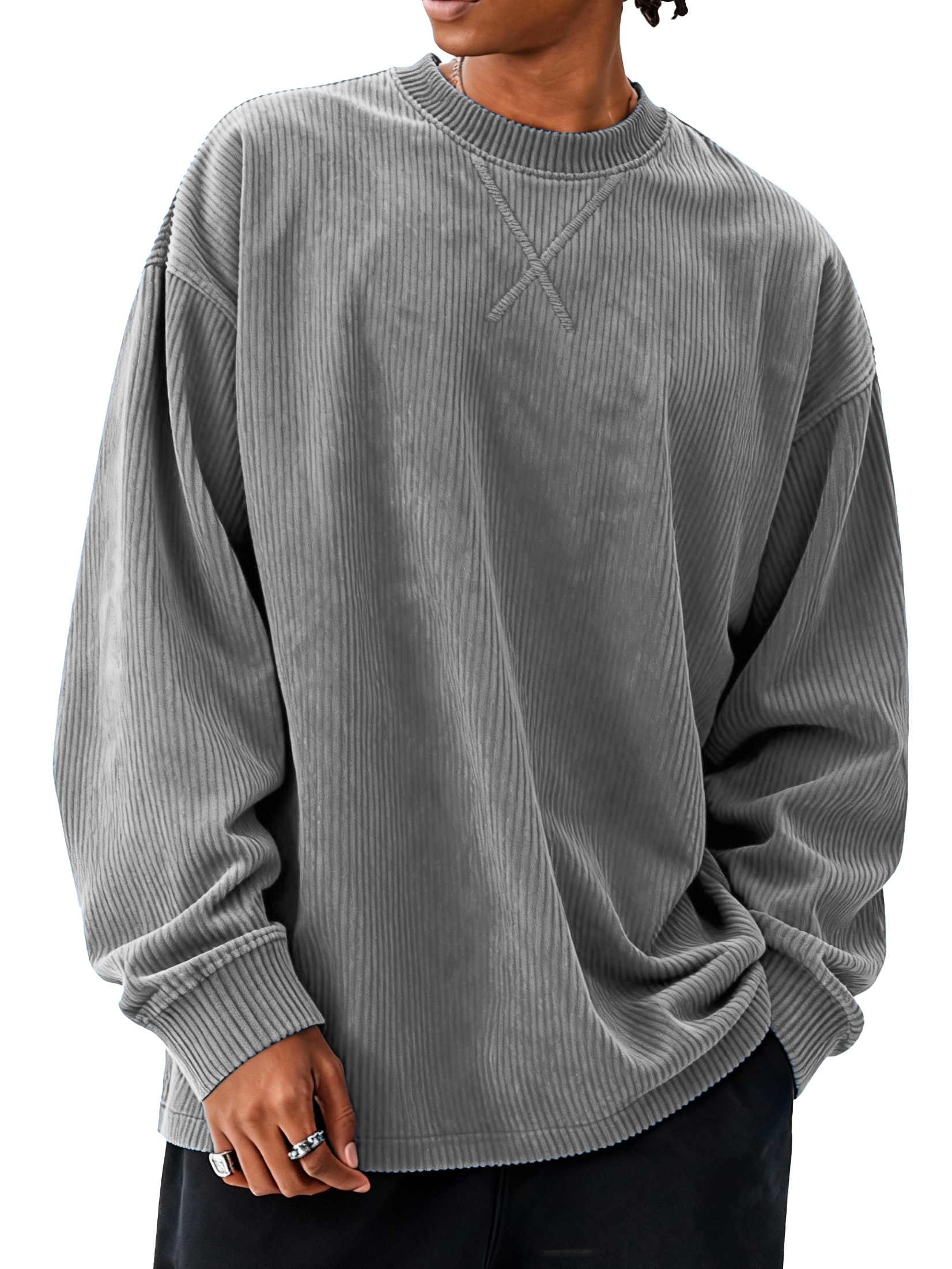 Men's fashionable casual loose round collar corduroy fabric long-sleeved T-shirt