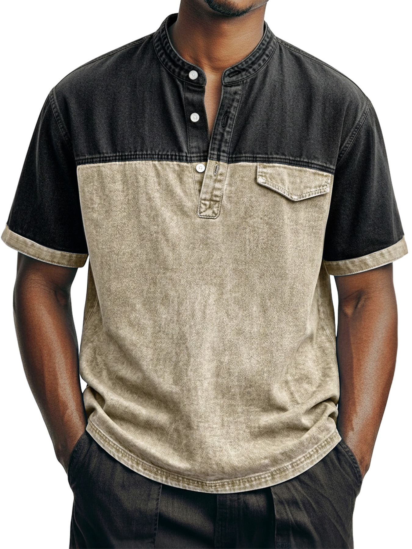 Men's Retro Color Block Casual Stand Collar Button-Down Short Sleeve Henley Shirt