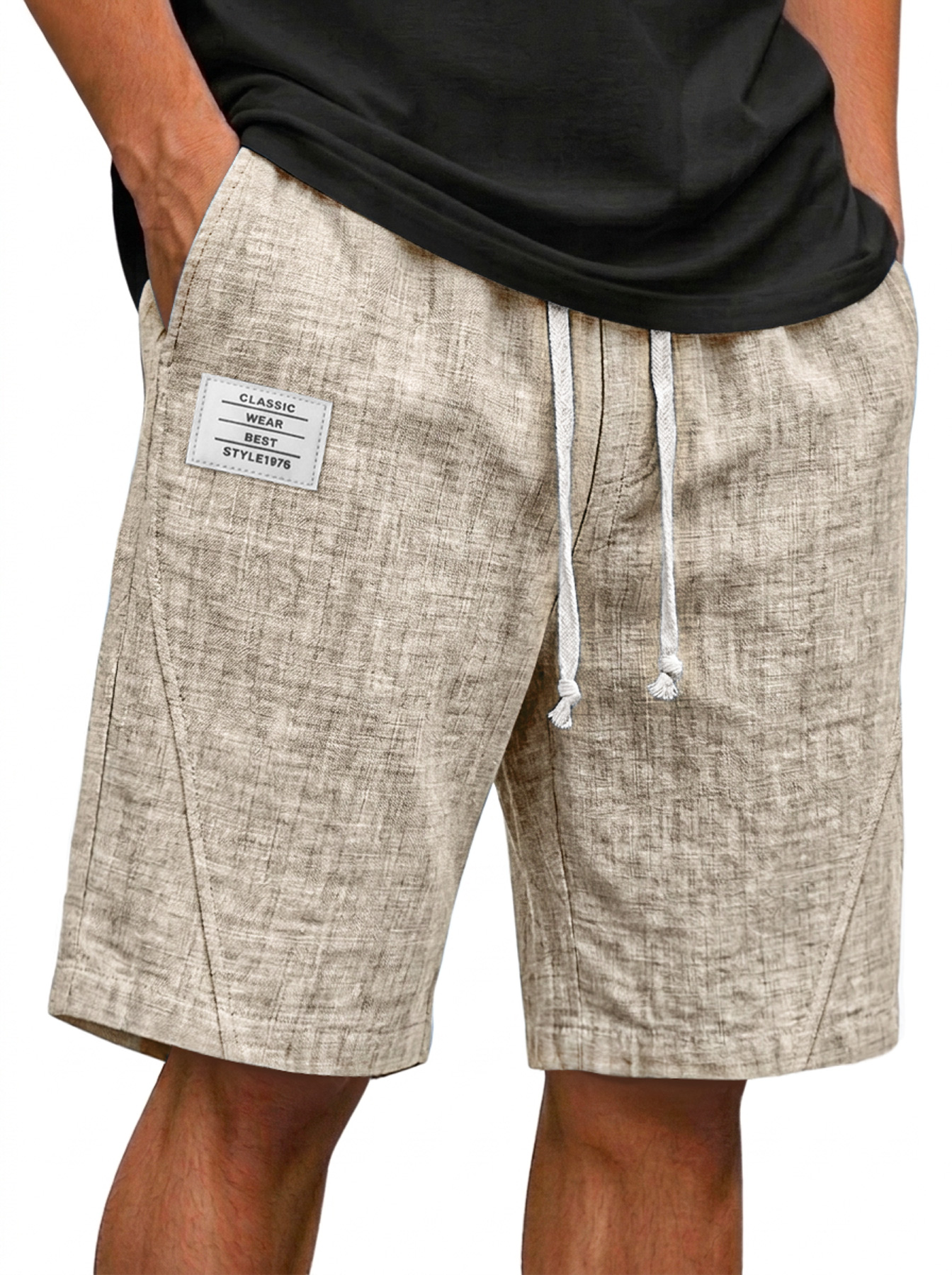 Men's Cotton-Linen Deconstructed Casual Shorts with Embroidered Logo