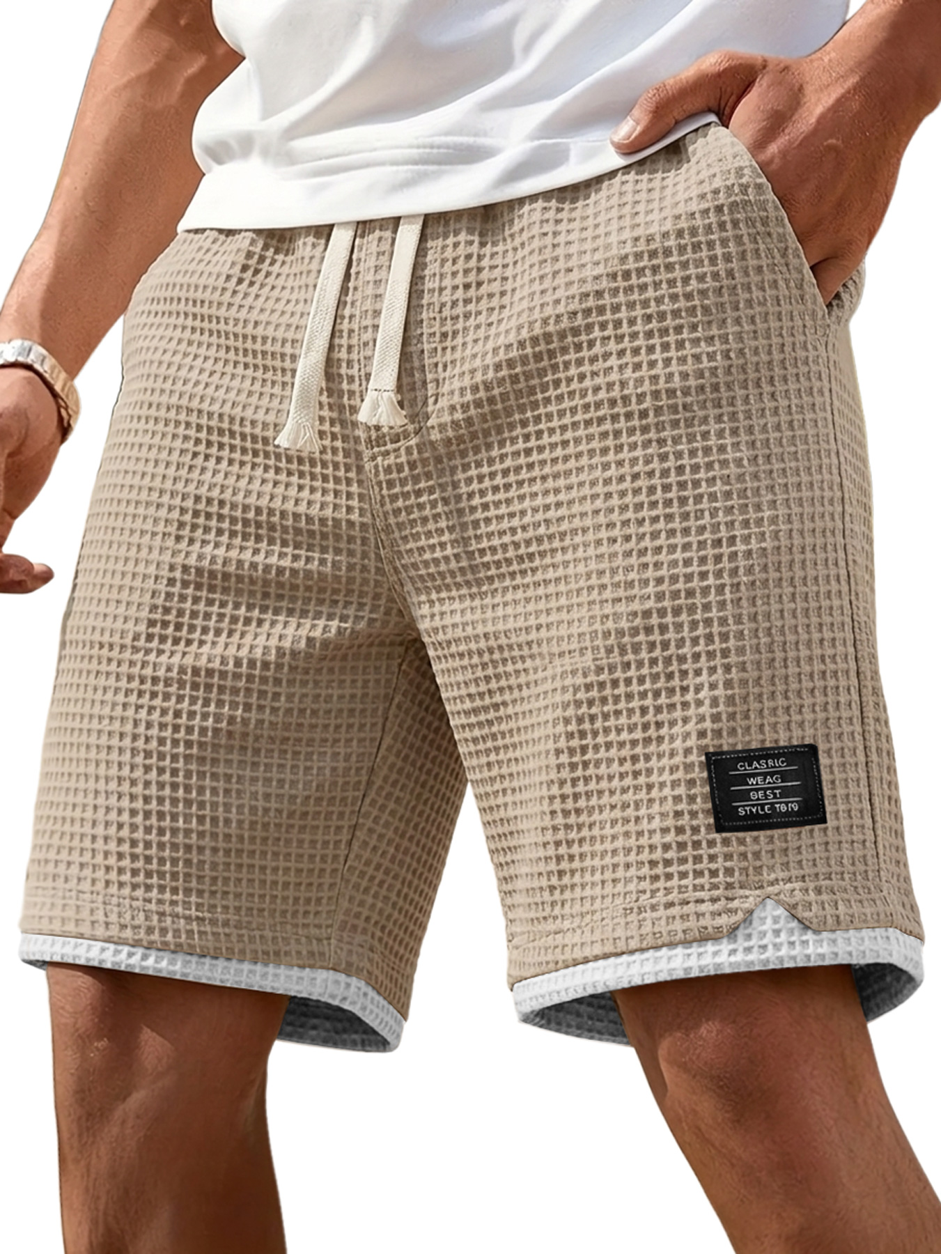 Men's Casual Waffle Color Block Embroidered Logo Loose Shorts
