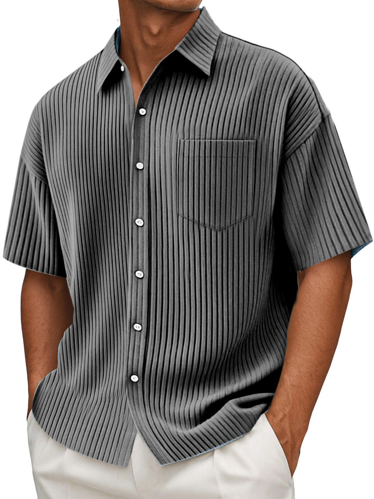 Men's Daily Solid Color Vertical Pit Design Short-sleeved Shirt