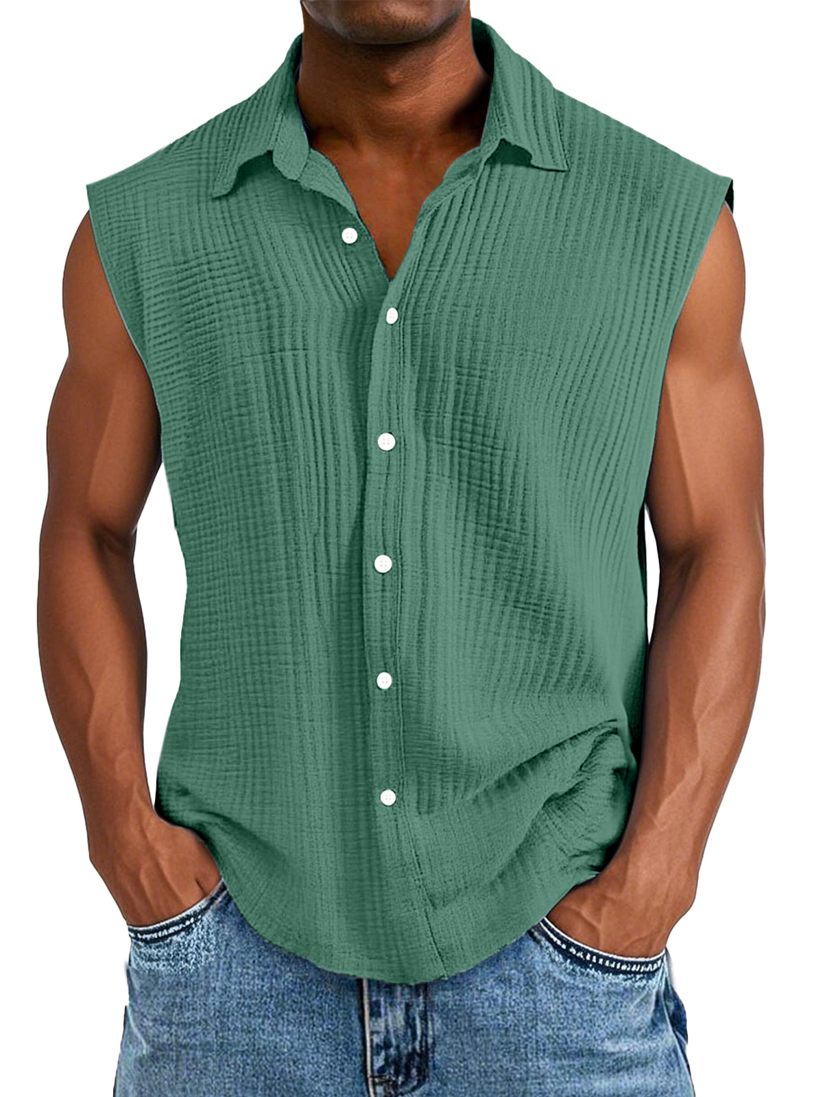 Men's Casual Solid Color Pleated Texture Sleeveless Lapel Shirt
