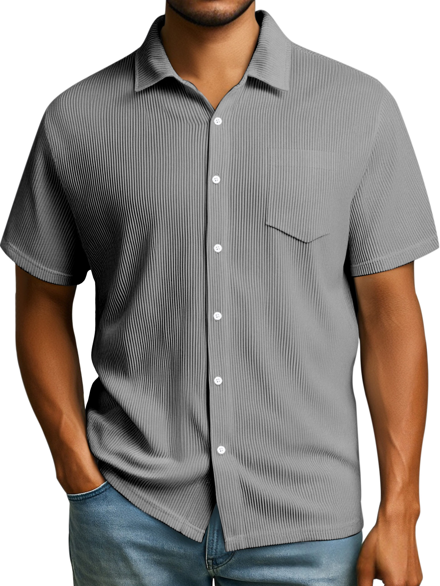 Men's Daily Casual Solid Color Loose Rib Stitch Short-sleeved Lapel Shirt
