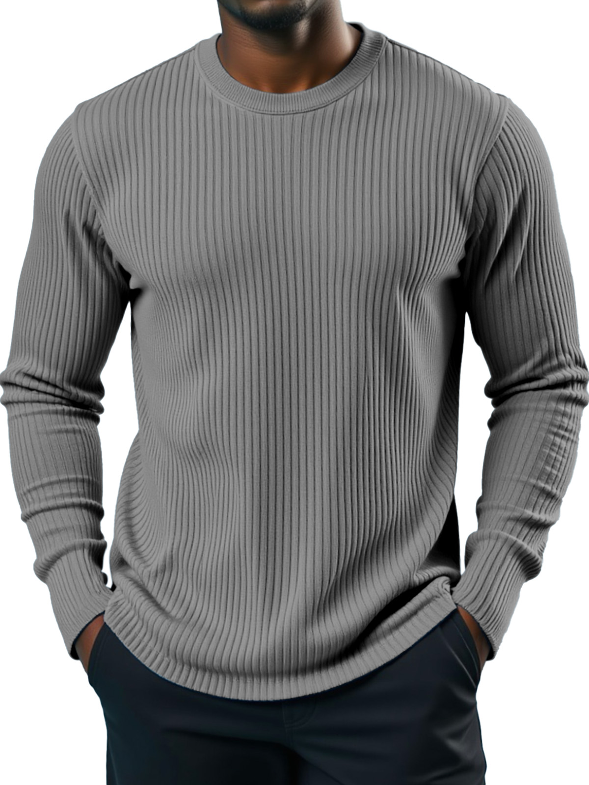 Men's Simple Daily Solid Color Vertical Pit Strip Round Neck Long-sleeved T-shirt