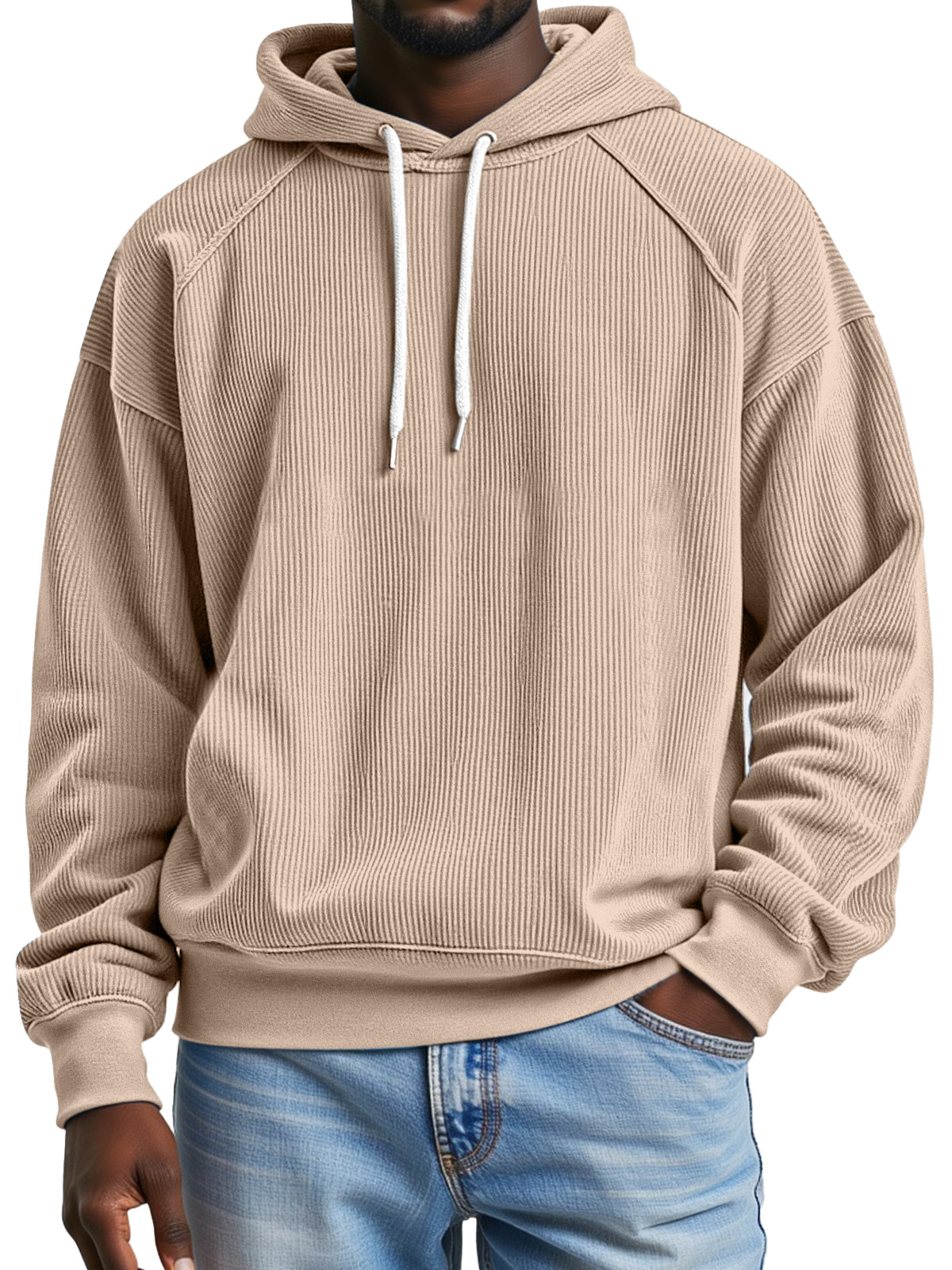Men's Simple And Comfortable Vertical Pit Strip Raglan Design Loose Hooded Sweatshirt