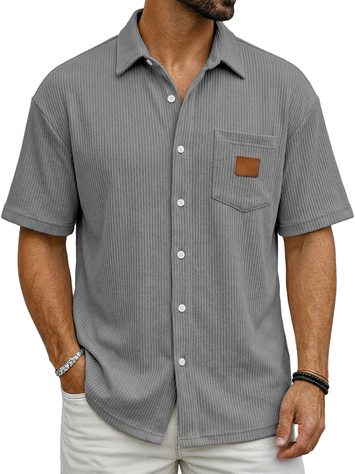 Men's Casual Simple Vertical Ribbed Fabric Shirt With Logo