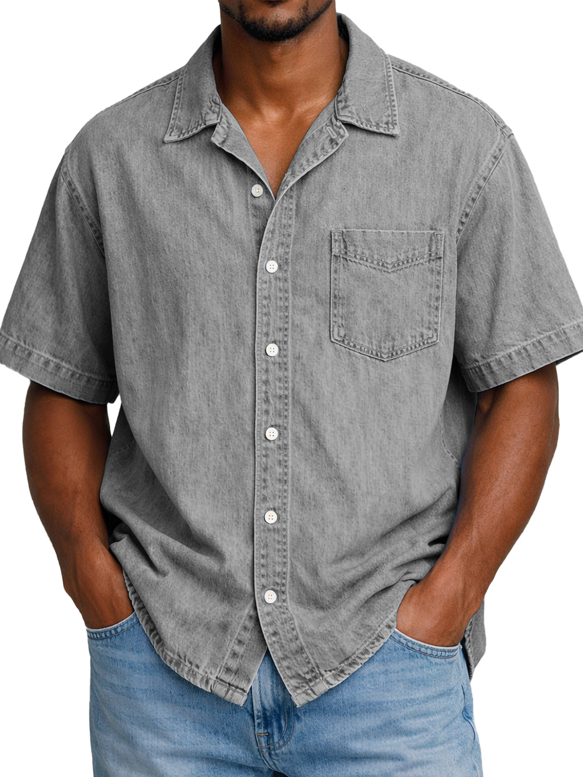 Men's Retro Solid Color Pocketed Cuban Collar Short-Sleeve Shirt