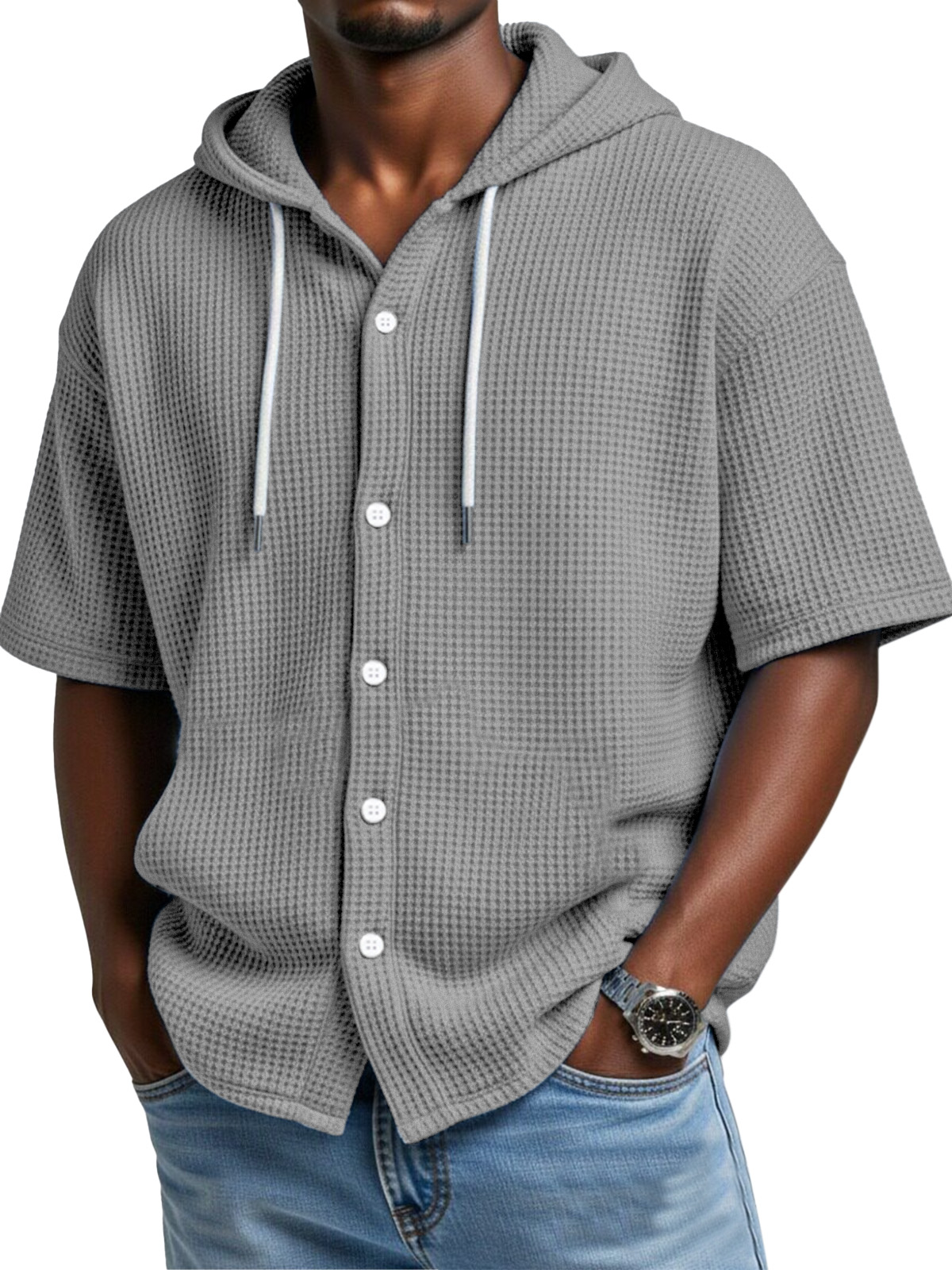 Everyday Casual Waffle Hooded Short Sleeve Button-Down Shirt
