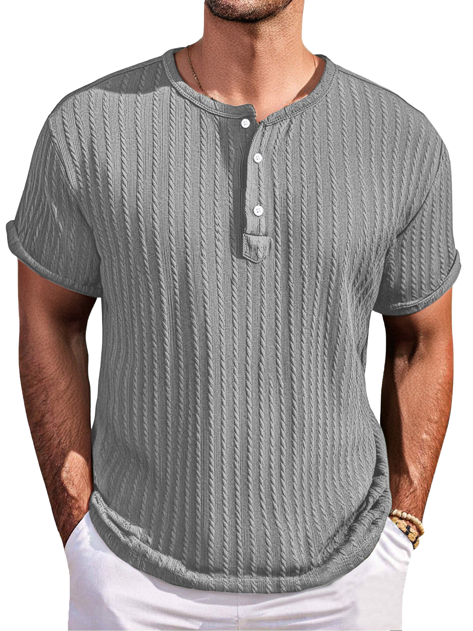 Men's Simple Casual Texture Loose Short-sleeved Henley Shirt