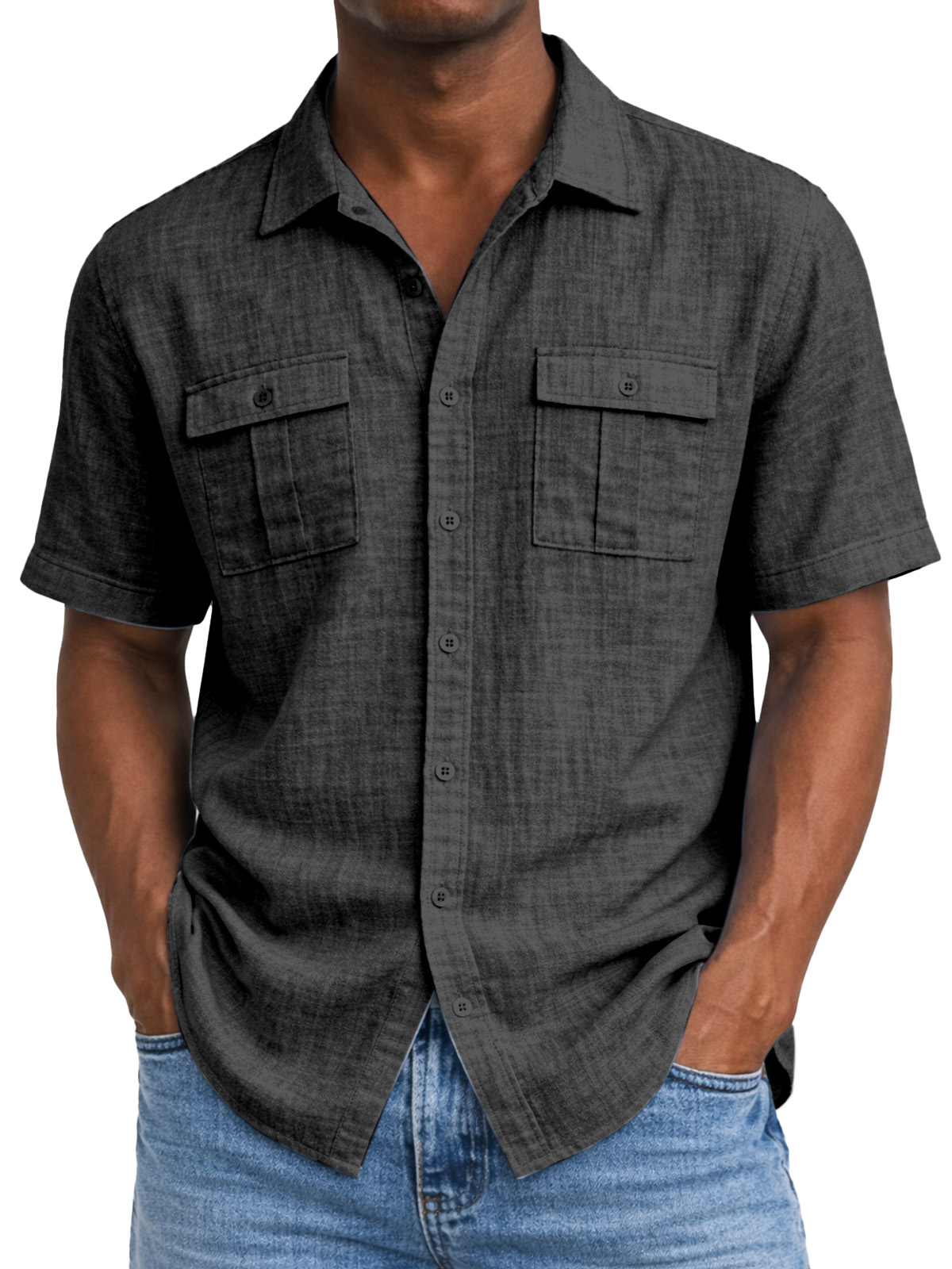 Men's solid color breathable linen short-sleeved shirt