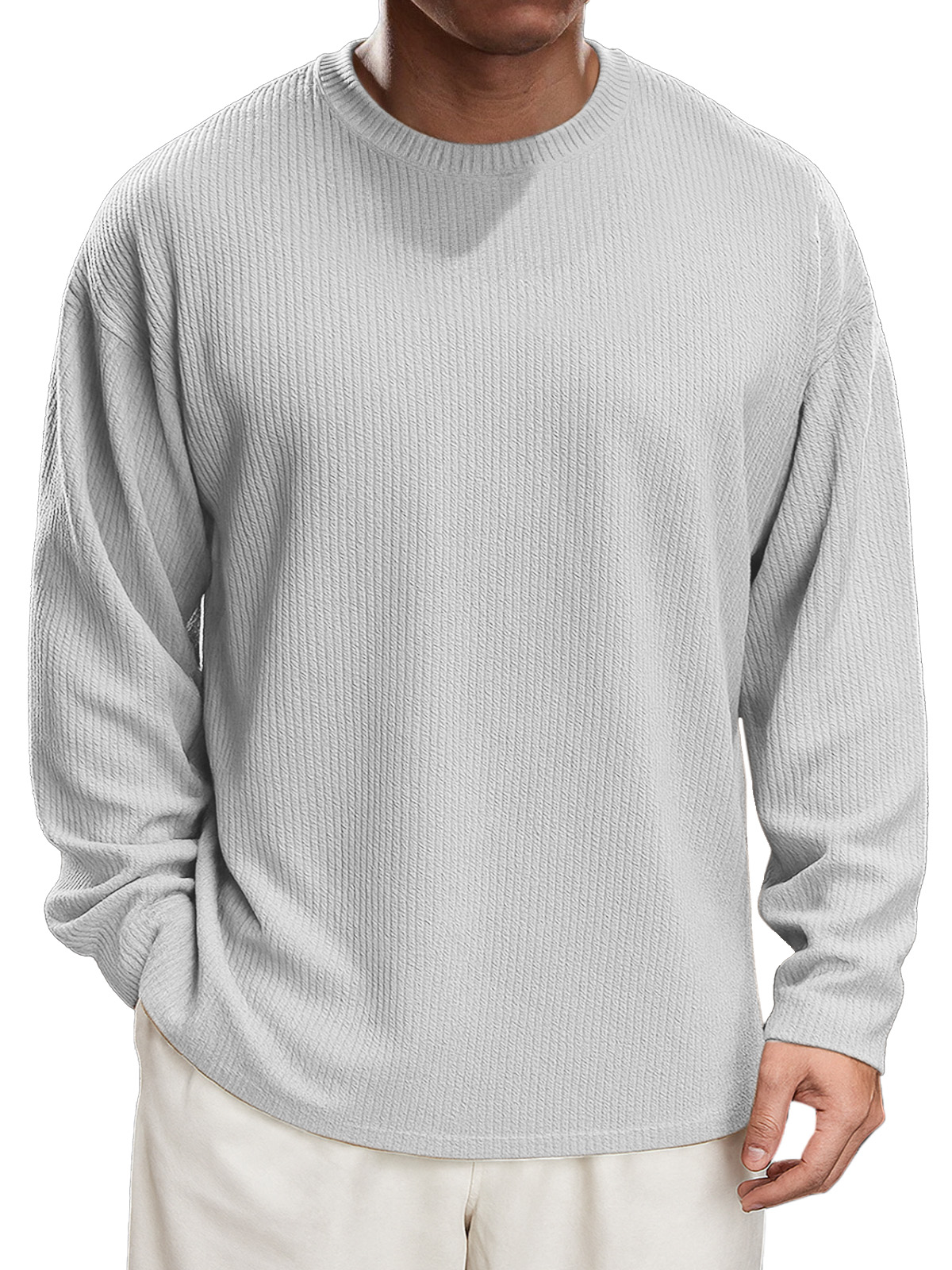 Men's Simple Daily Solid Color Texture Round Neck Long-sleeved T-shirt