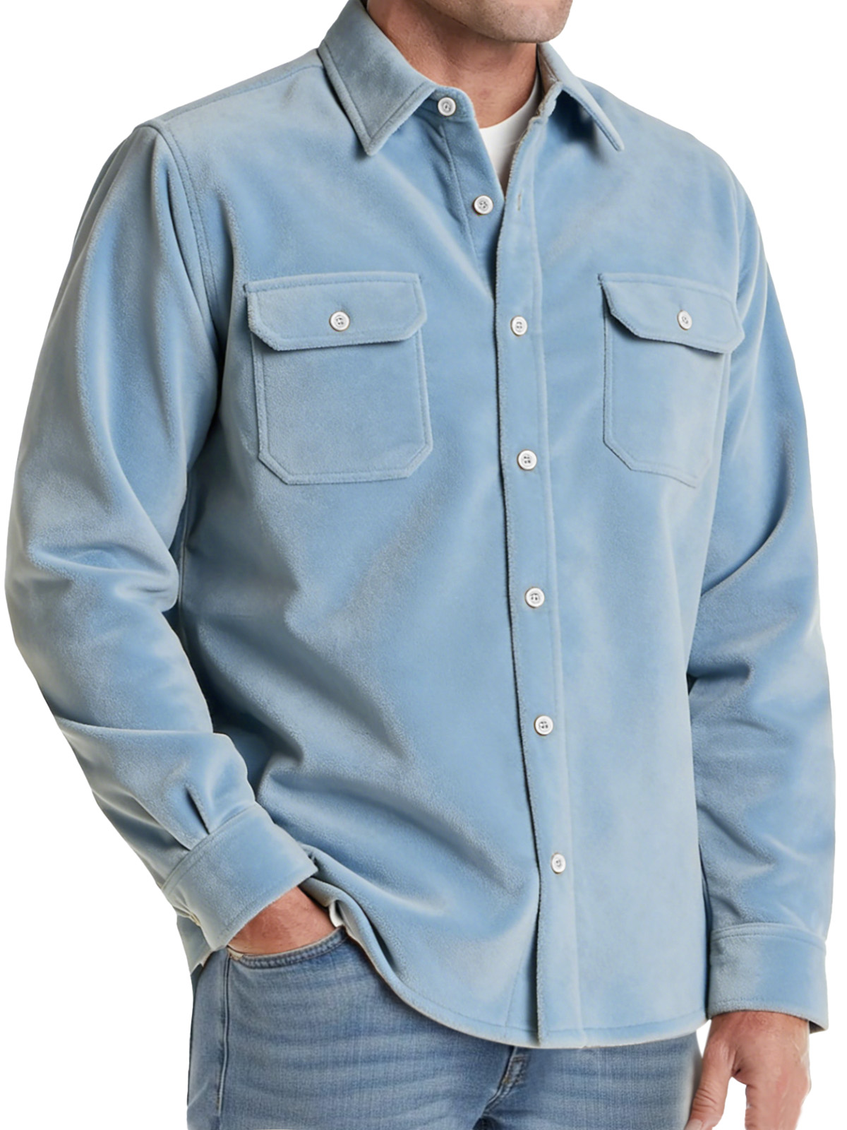 Men's Comfortable Solid-color Suede Double-pocket Long-sleeved Shirt