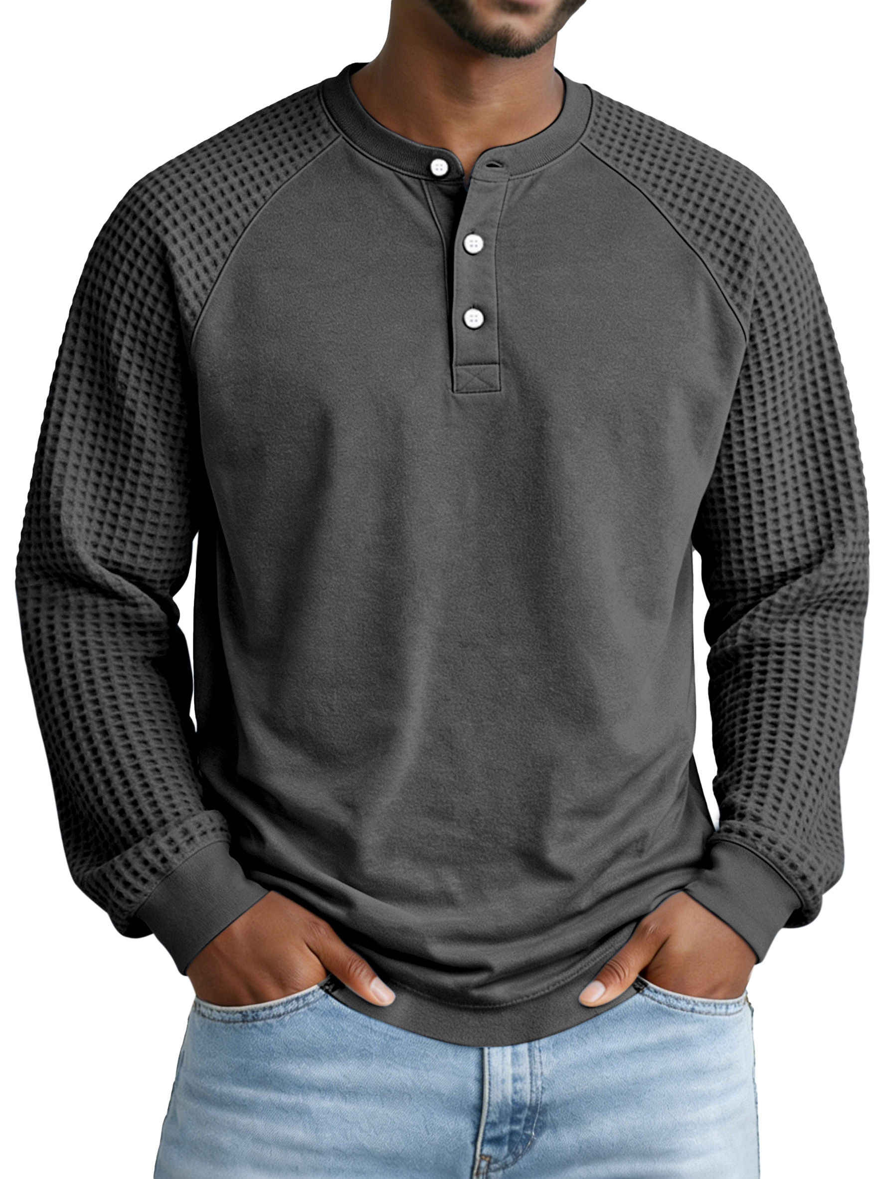Men's Casual Simple Waffle Knit Panel Henley Collar Raglan Long-sleeve Polo Shirt