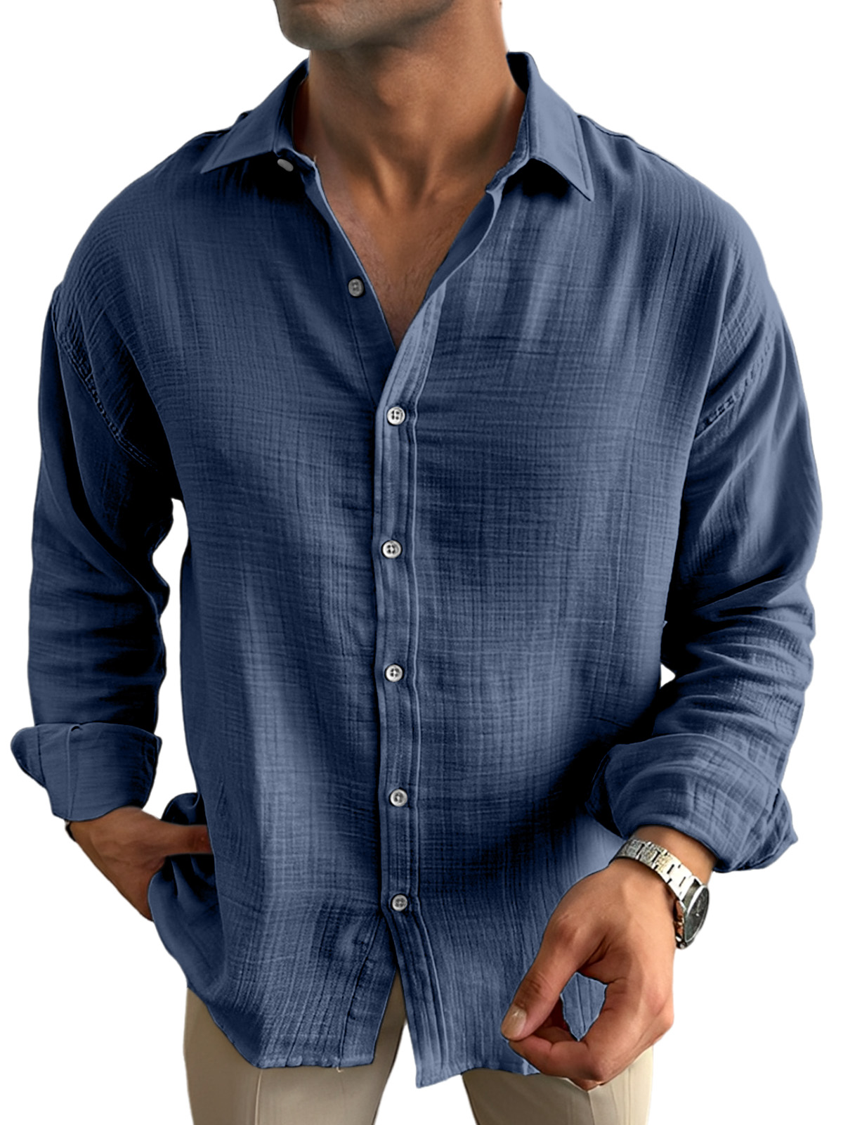 Men's Casual Solid Color Breathable And Comfortable Lapel Long-sleeved Shirt