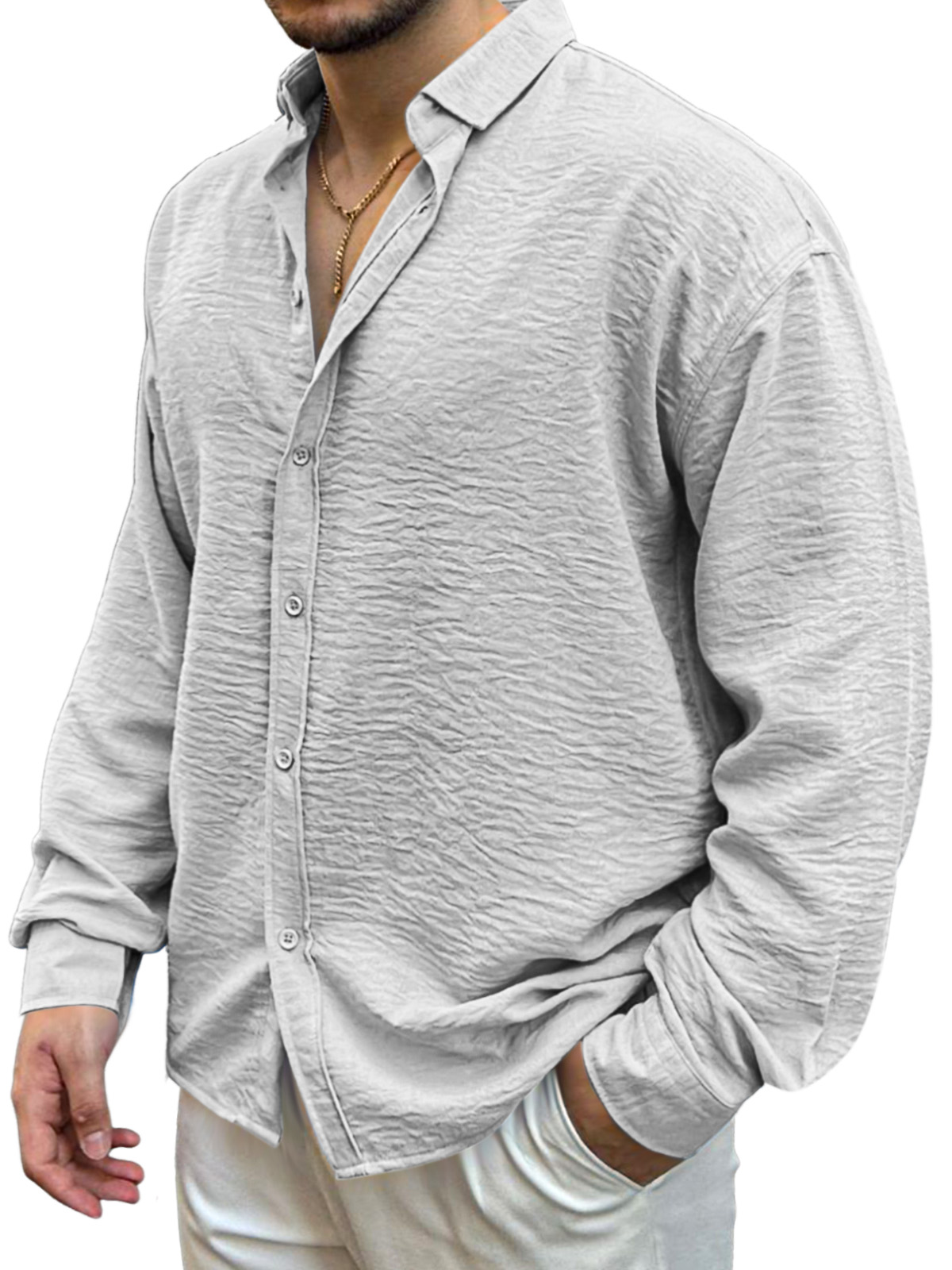 Men's Simple Solid Color Pleated Loose And Comfortable Lapel Long-sleeved Shirt