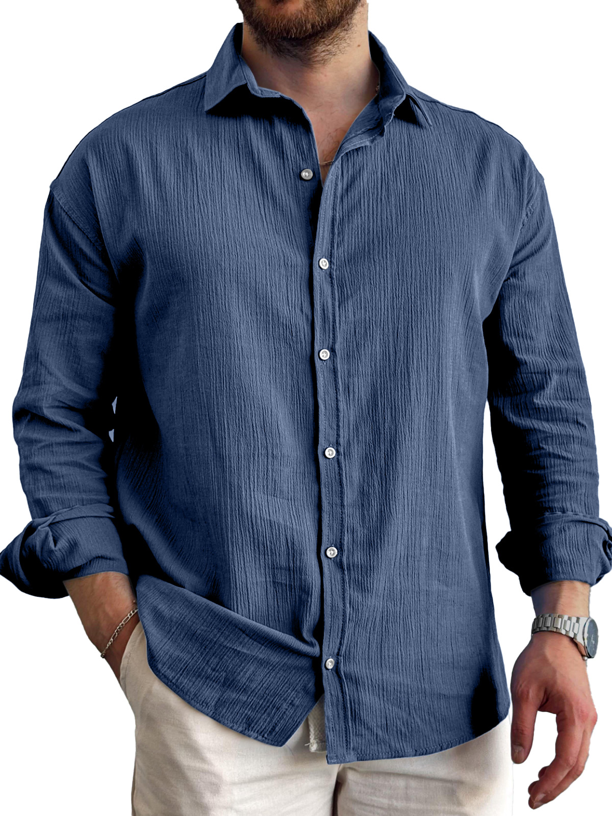 Men's Daily Simple Pleated Textured Lapel Long-sleeved Shirt