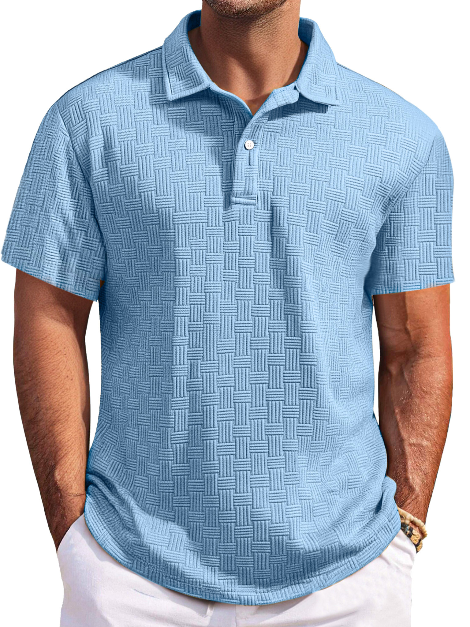 Men's Casual Solid Color Texture Short-sleeved Button Laps Polo Shirt