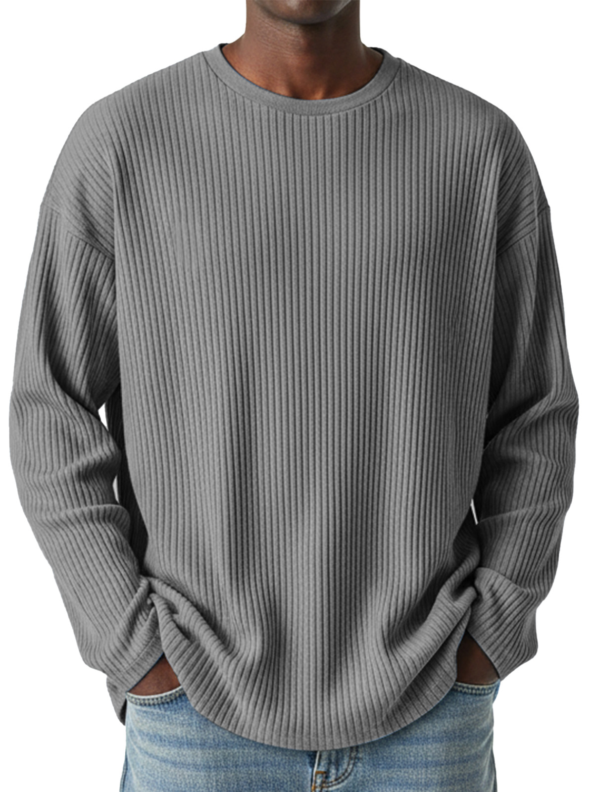 Men's Simple Daily Solid Color Vertical Pit Strip Round Neck Long-sleeved T-shirt