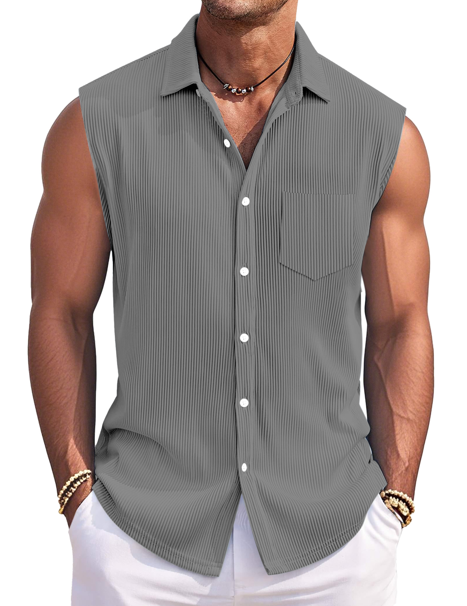 Men's Simple Solid Color Vertical Pit Lapel Button Sleeveless Shirt