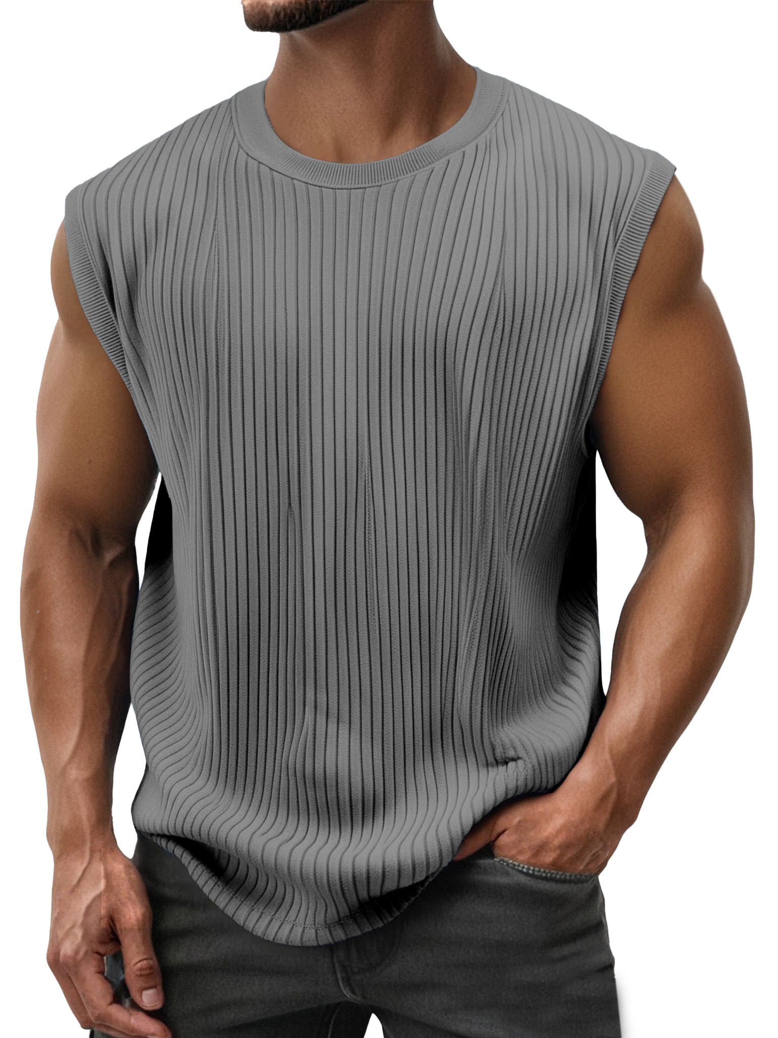 Men's Simple Everyday Solid Color Vertical Strip Sleeveless Round Neck T-shirt
