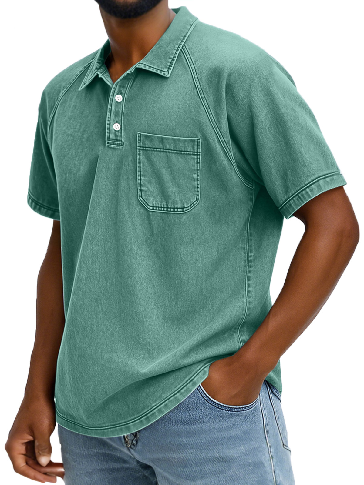 Men's Retro Solid Color Comfortable Raglan Sleeve Polo Shirt