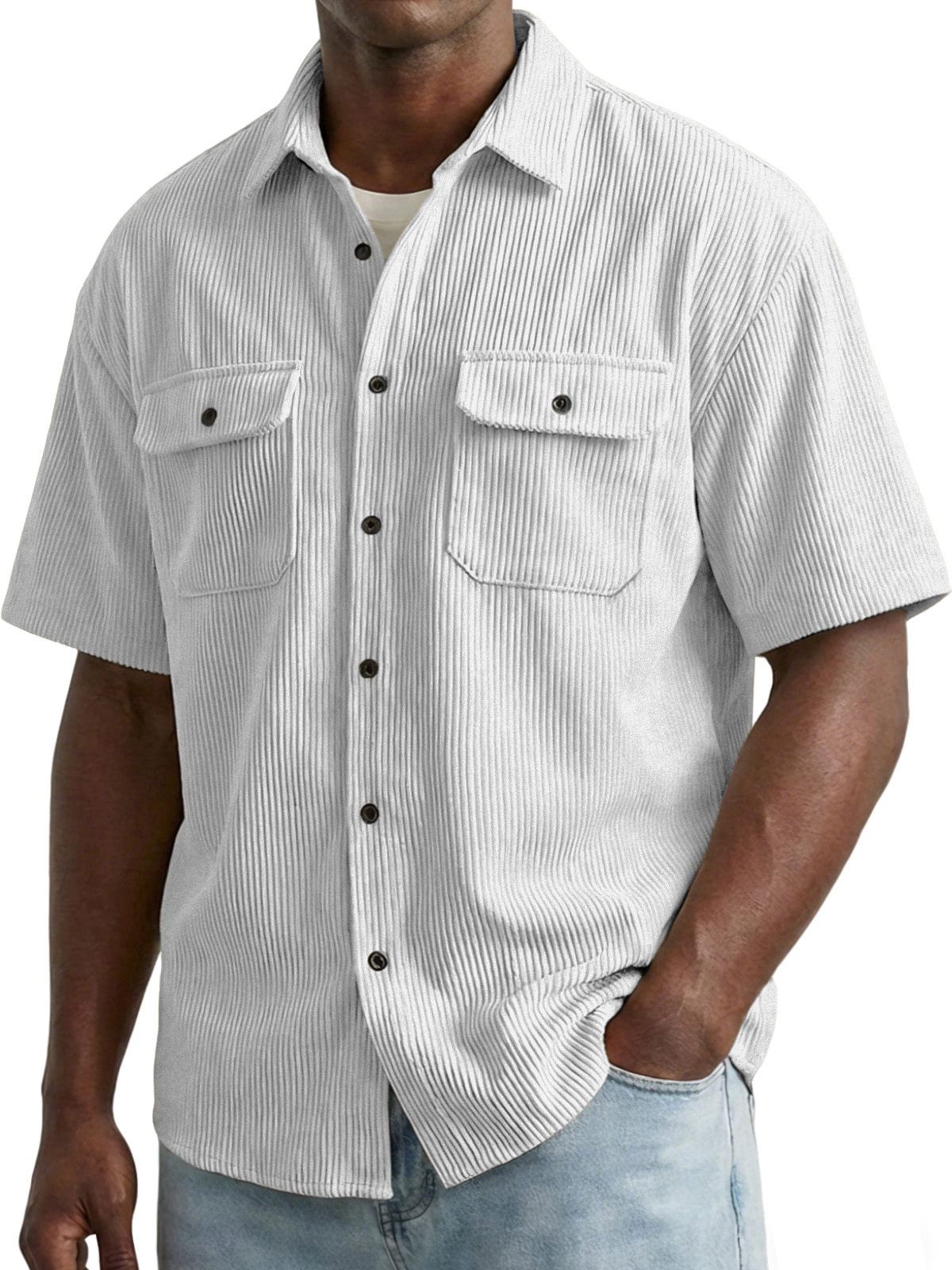 Men's Retro Solid Color Vertical Ribbed Double Pocket Short-Sleeve Shirt