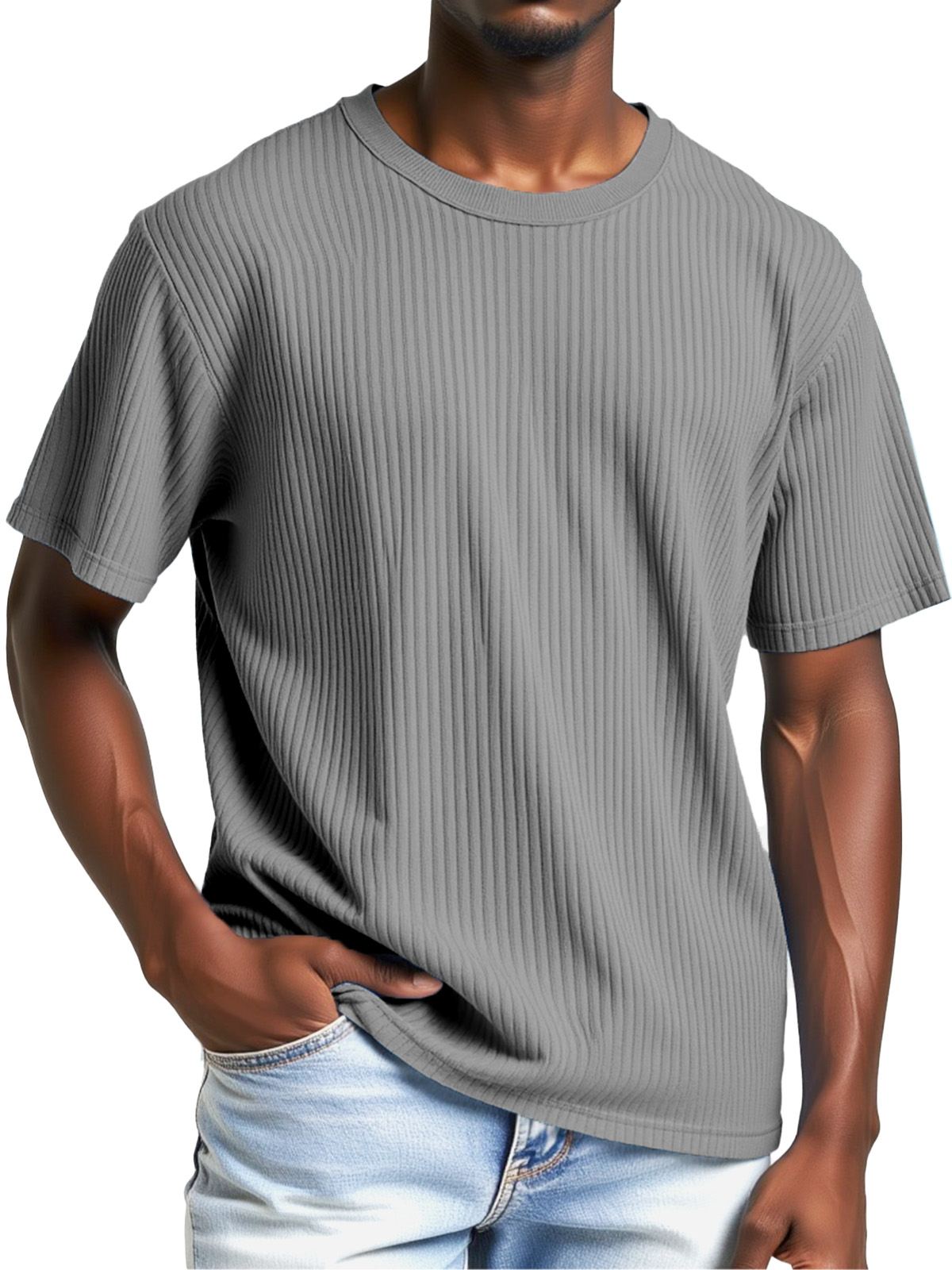 Men's Comfortable Solid Color Vertical Pit Round Neck Short-sleeved T-shirt