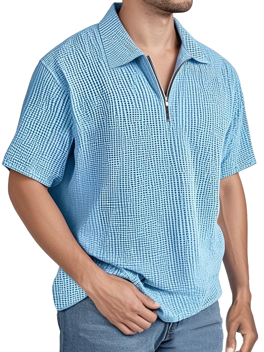 Men's Simple Solid Color Waffle Zipper Lapel Short-sleeved Polo Shirt