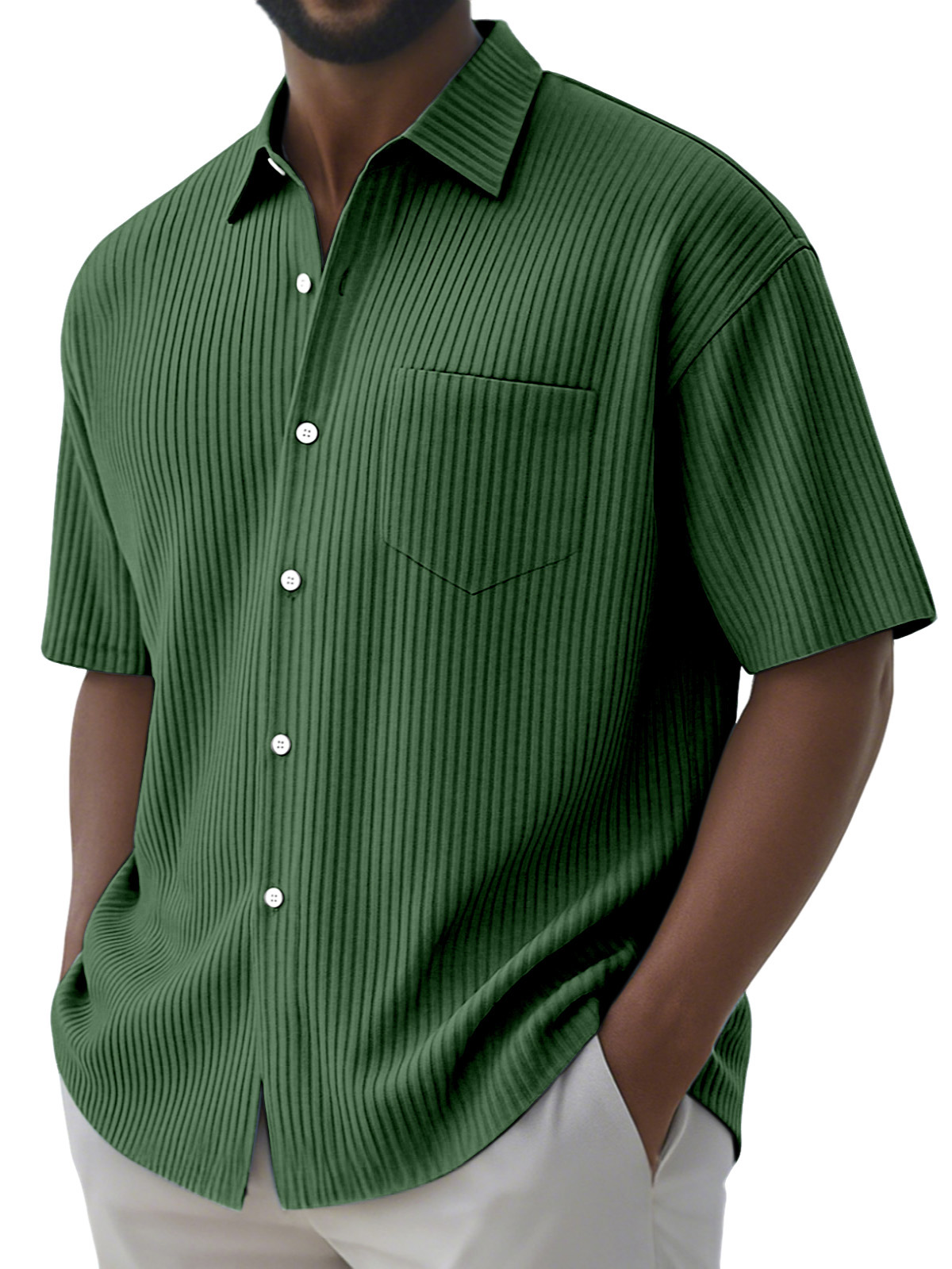 Men's Simple Solid Color Vertical Pit Button Lapel Short-sleeved Shirt