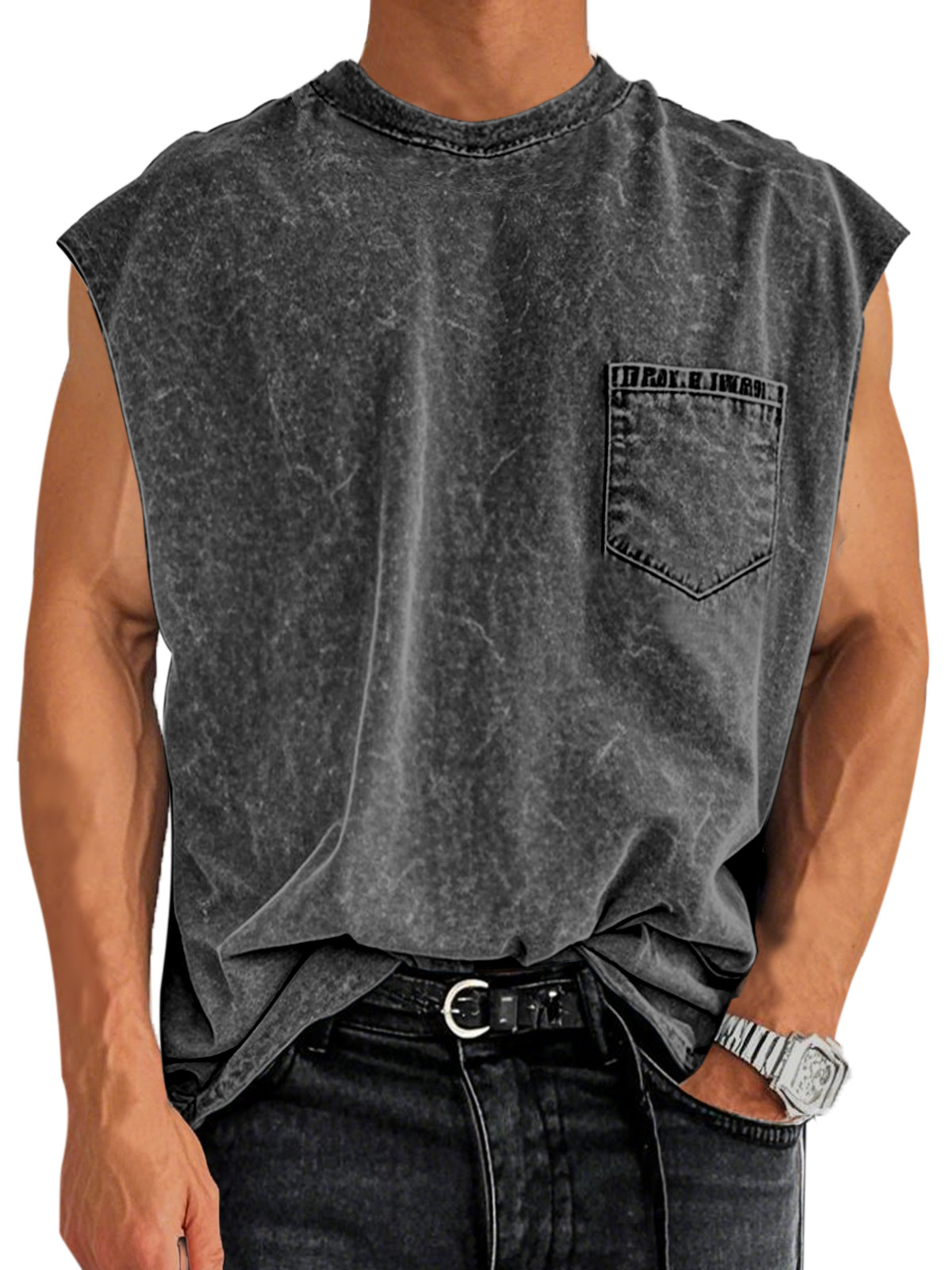 Men's Retro Cotton Washed Pocket Round Neck Sleeveless T-shirt