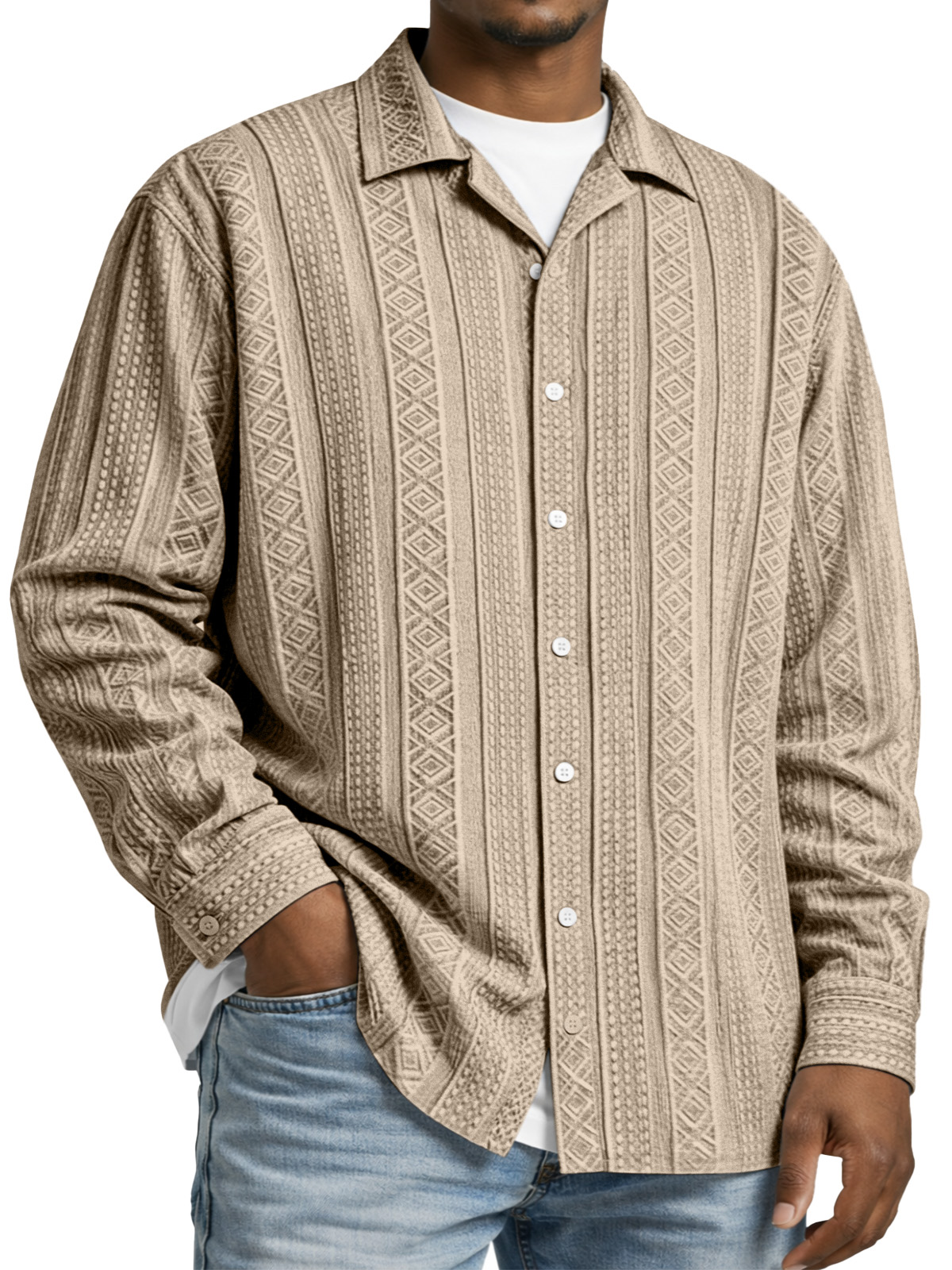 Men's Simple Solid Color Textured Long-sleeved Collared Shirt